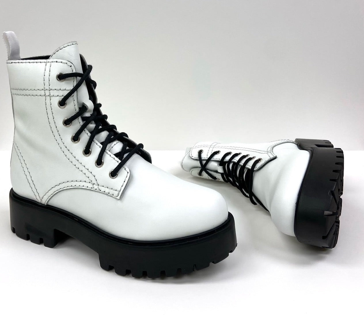 White Lace-Up Combat Boots with Black Trim Smooth White Platform Combat Boots – oobash main image 4