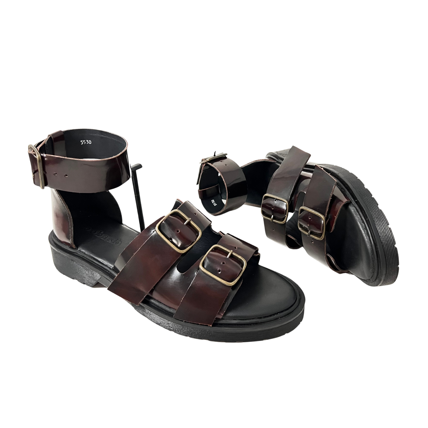Burgundy shiny buckle platform lug sandal