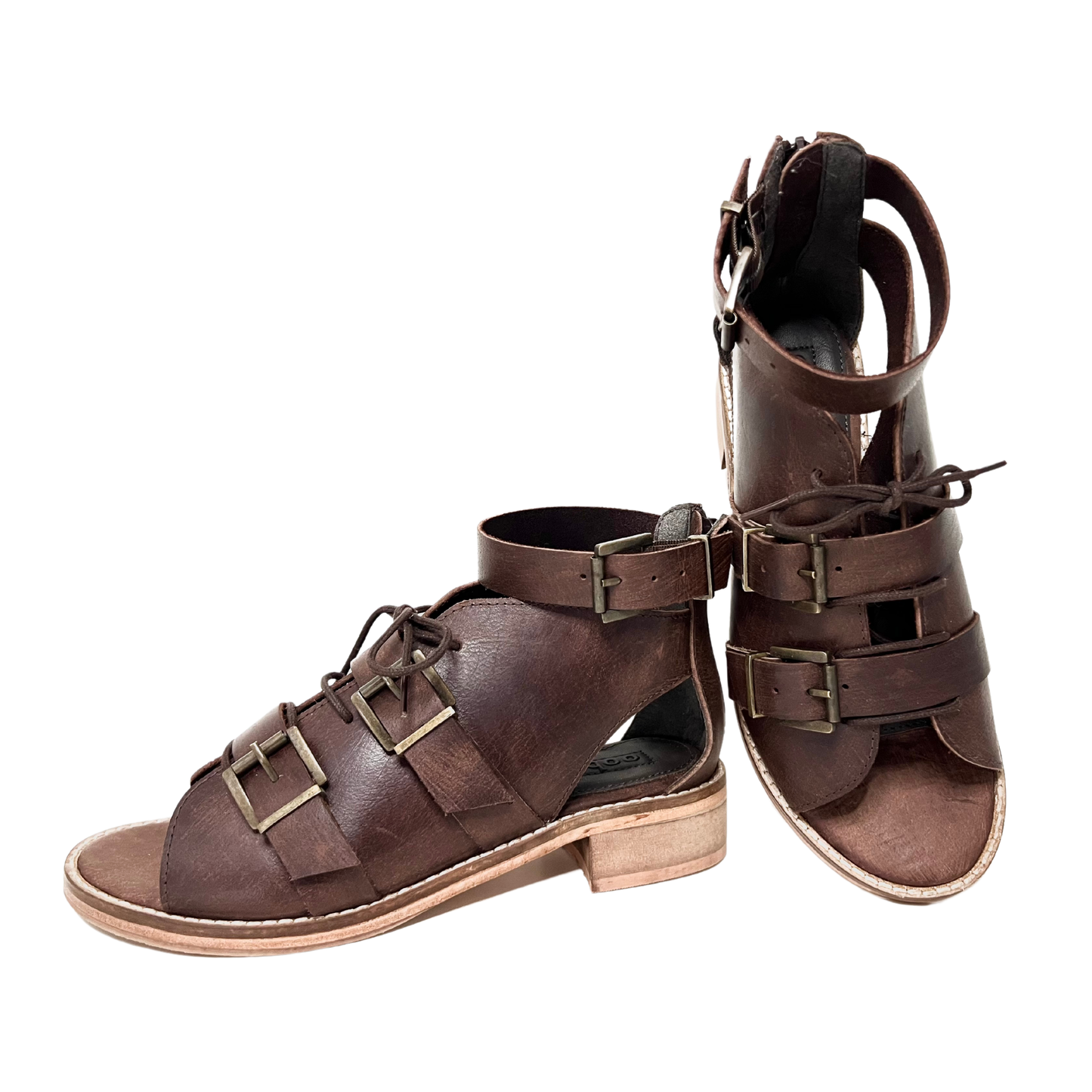 oobash ladies block heel platform buckle sandal in vintage brown color