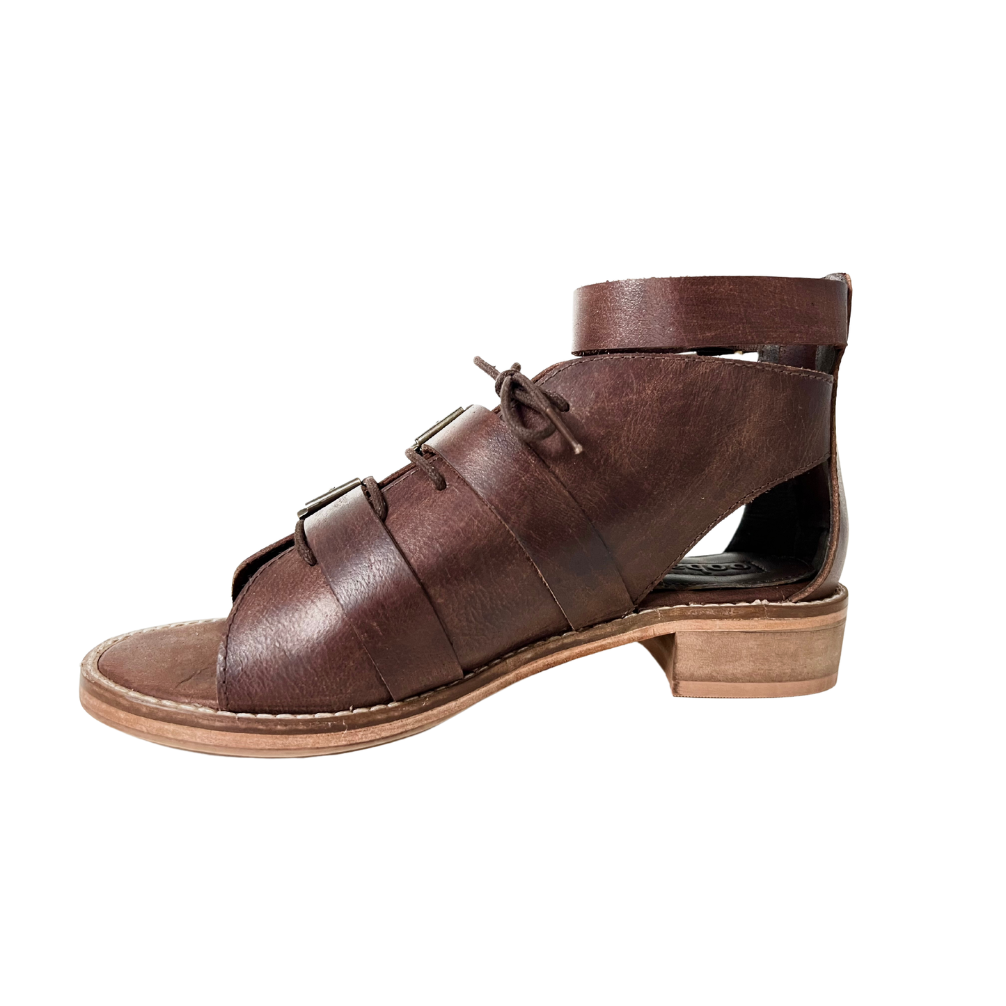 oobash ladies block heel platform buckle sandal in vintage brown color