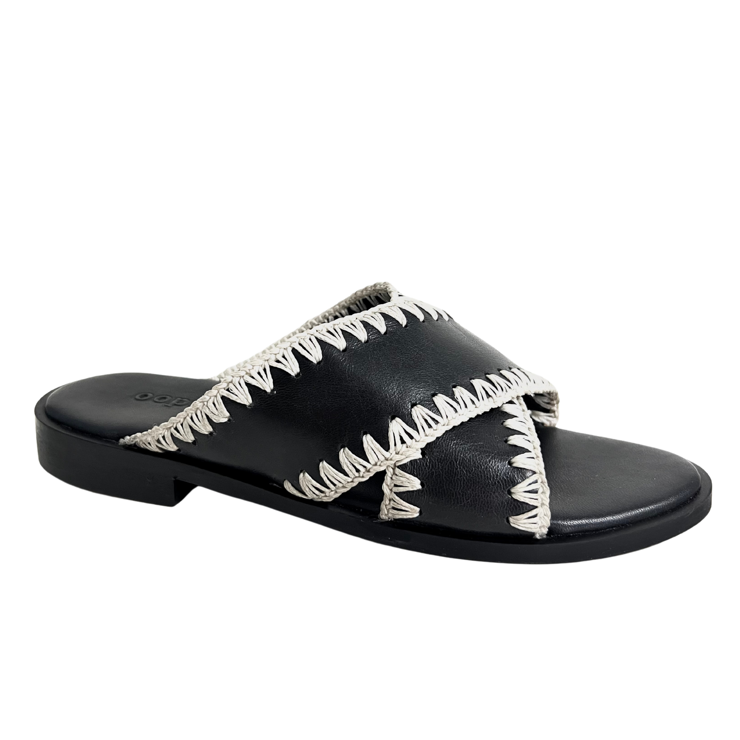 handweaved thread on a classic crossover strap ladies sandal in black color