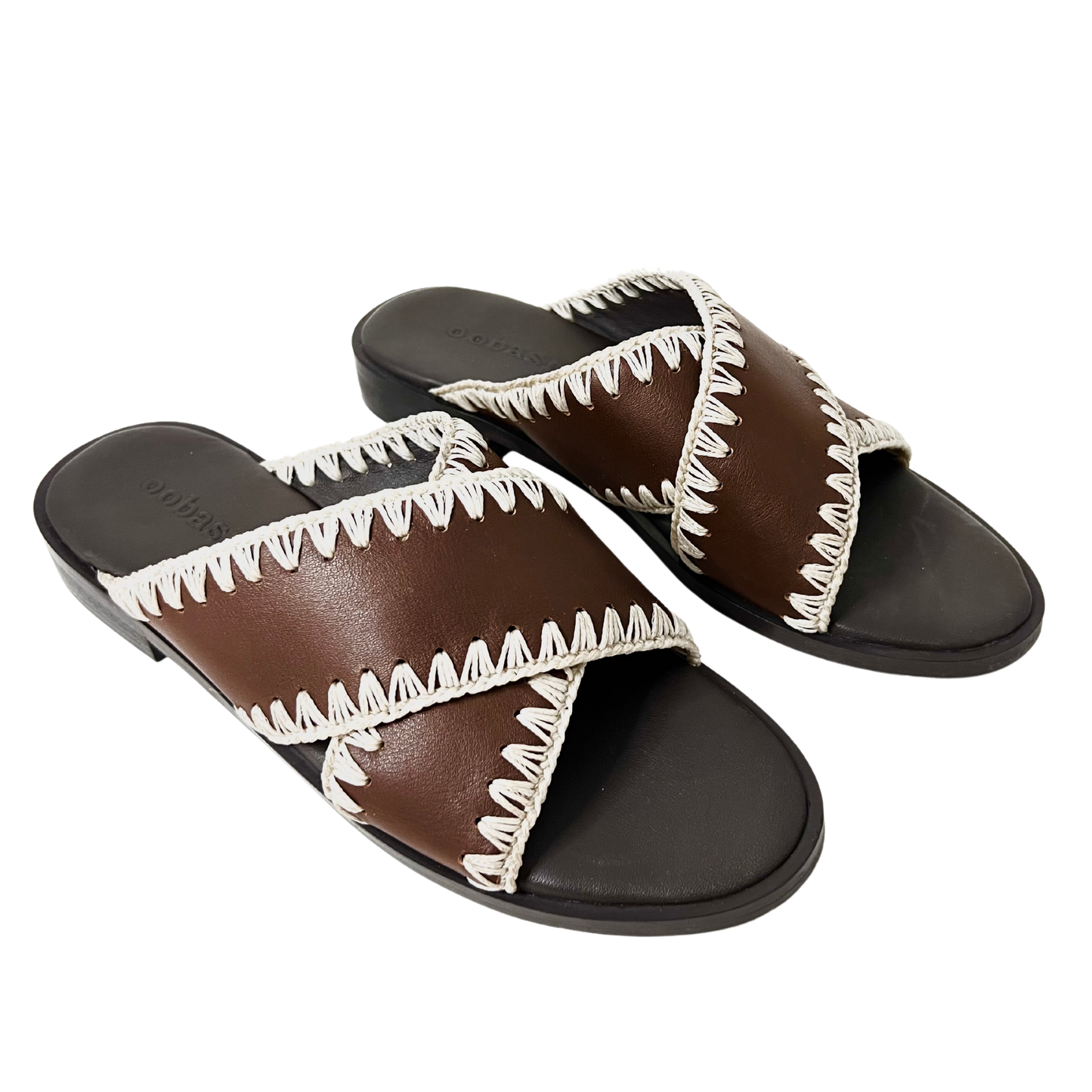 handweaved thread on a classic crossover strap ladies sandal in brown color