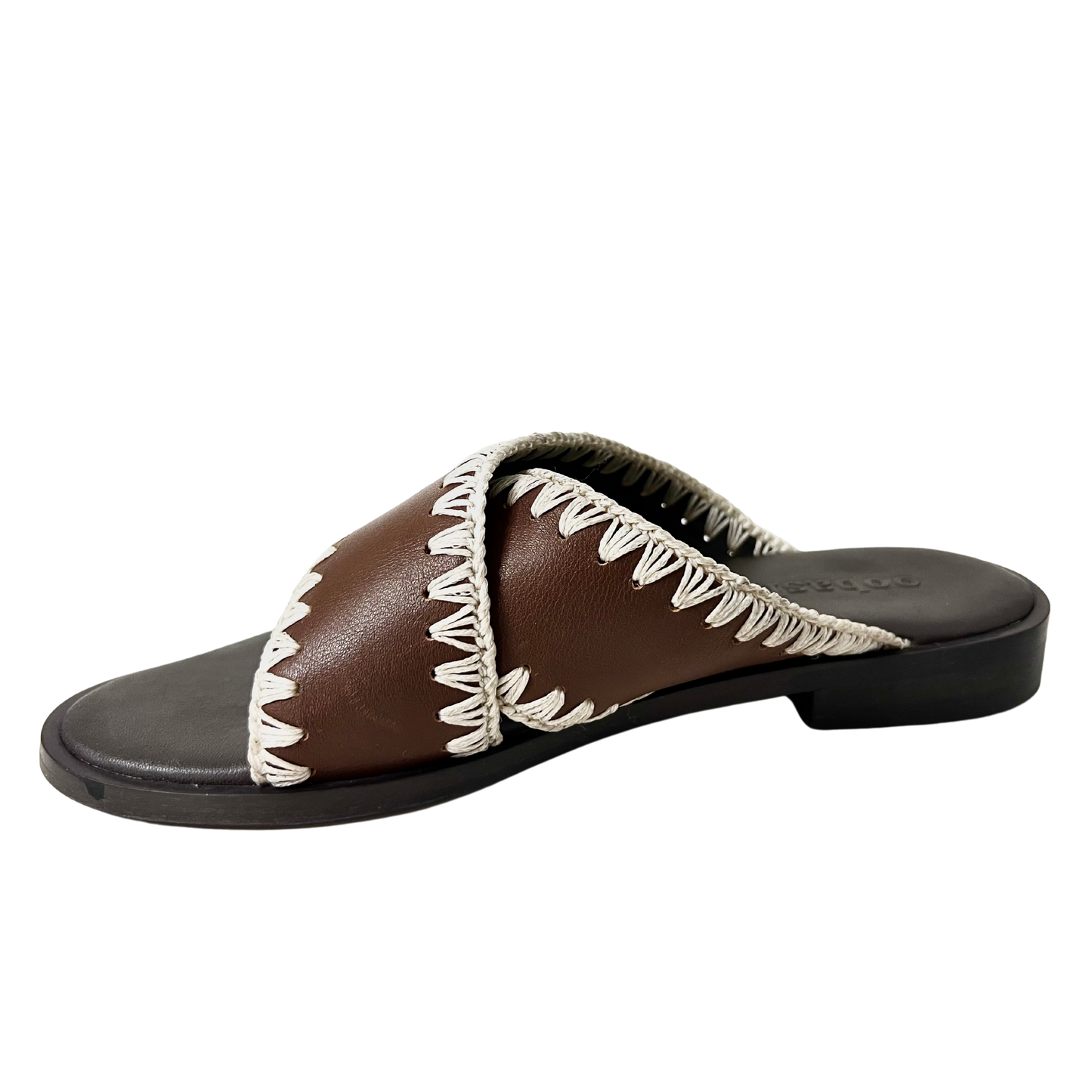 handweaved thread on a classic crossover strap ladies sandal in brown color