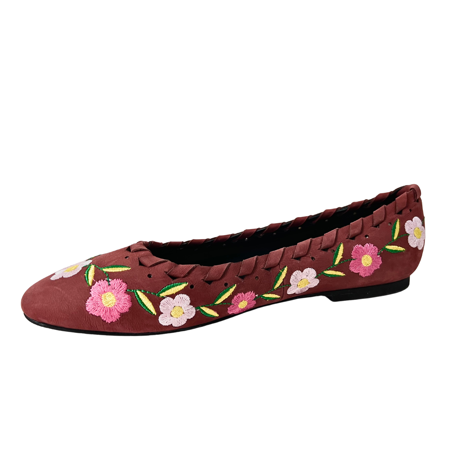 burgundy color flower embroidered leather ballerina for ladies