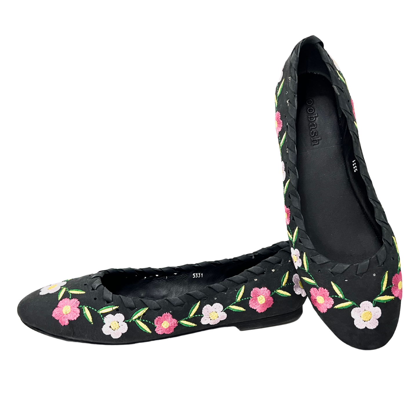 black color flower embroidered leather ballerina for ladies