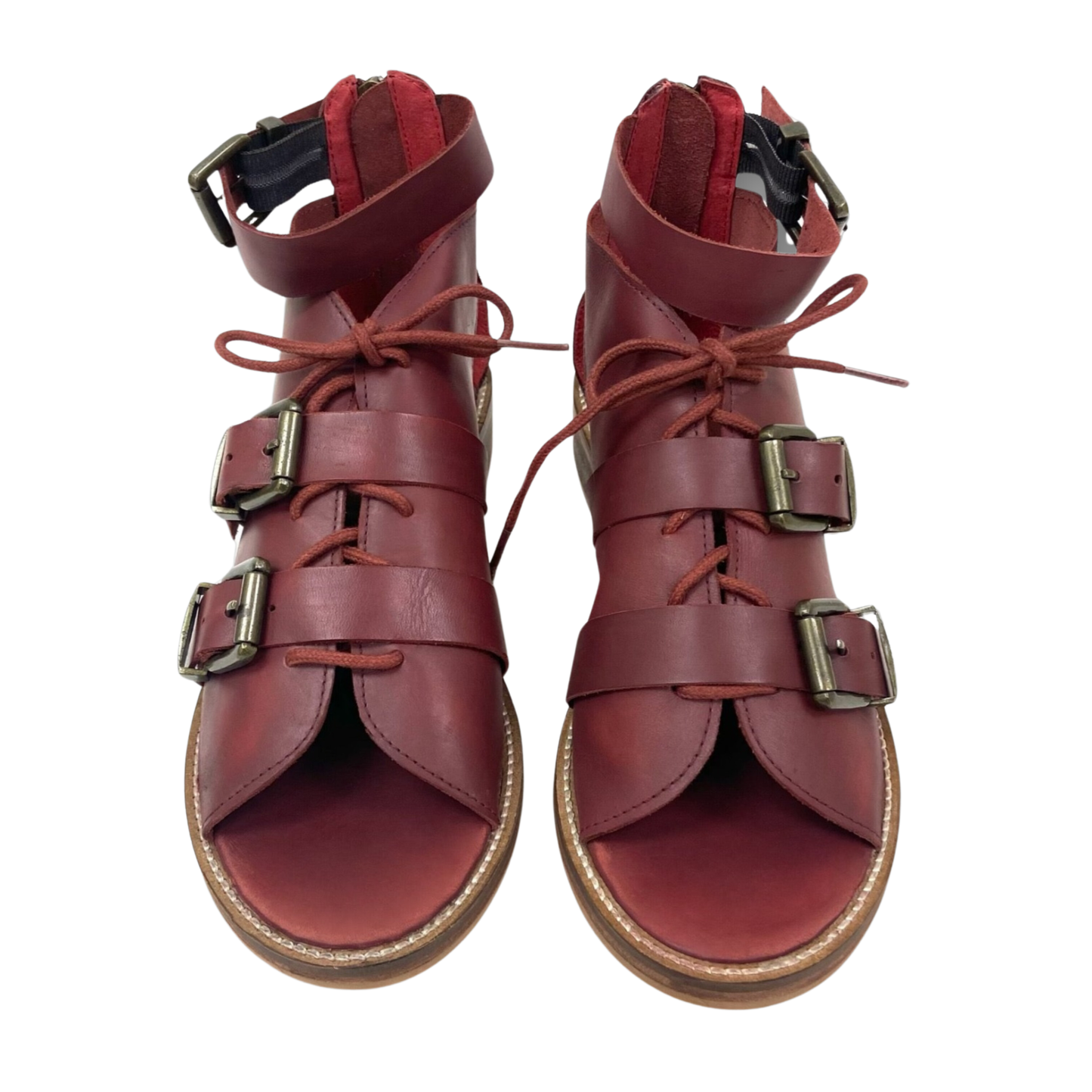 oobash block heel platform buckle sandal in burgundy color