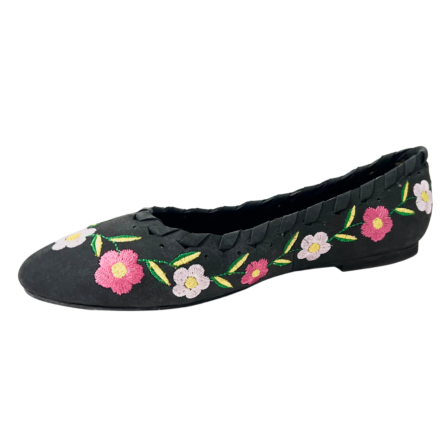 black color flower embroidered leather ballerina for ladies