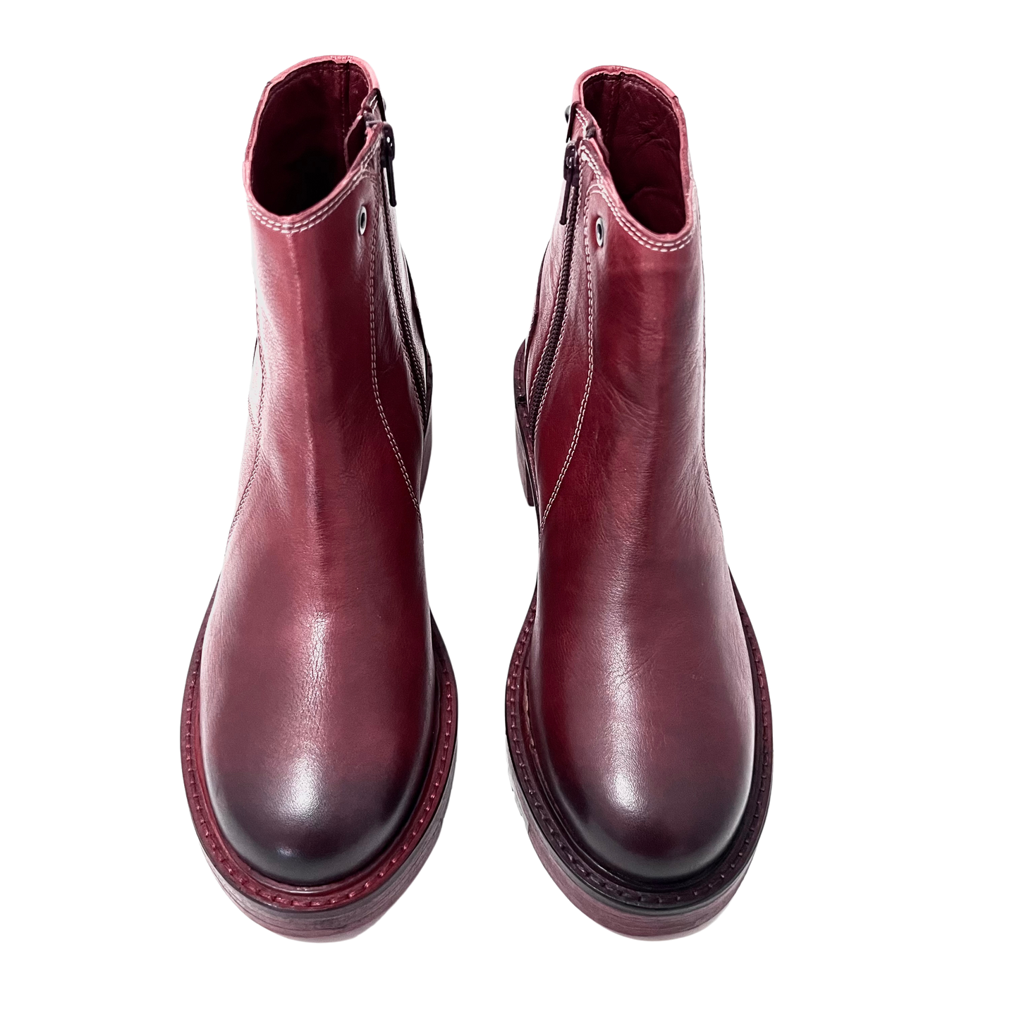 wine color dip dyed vintage leather ladies boot with inside zip