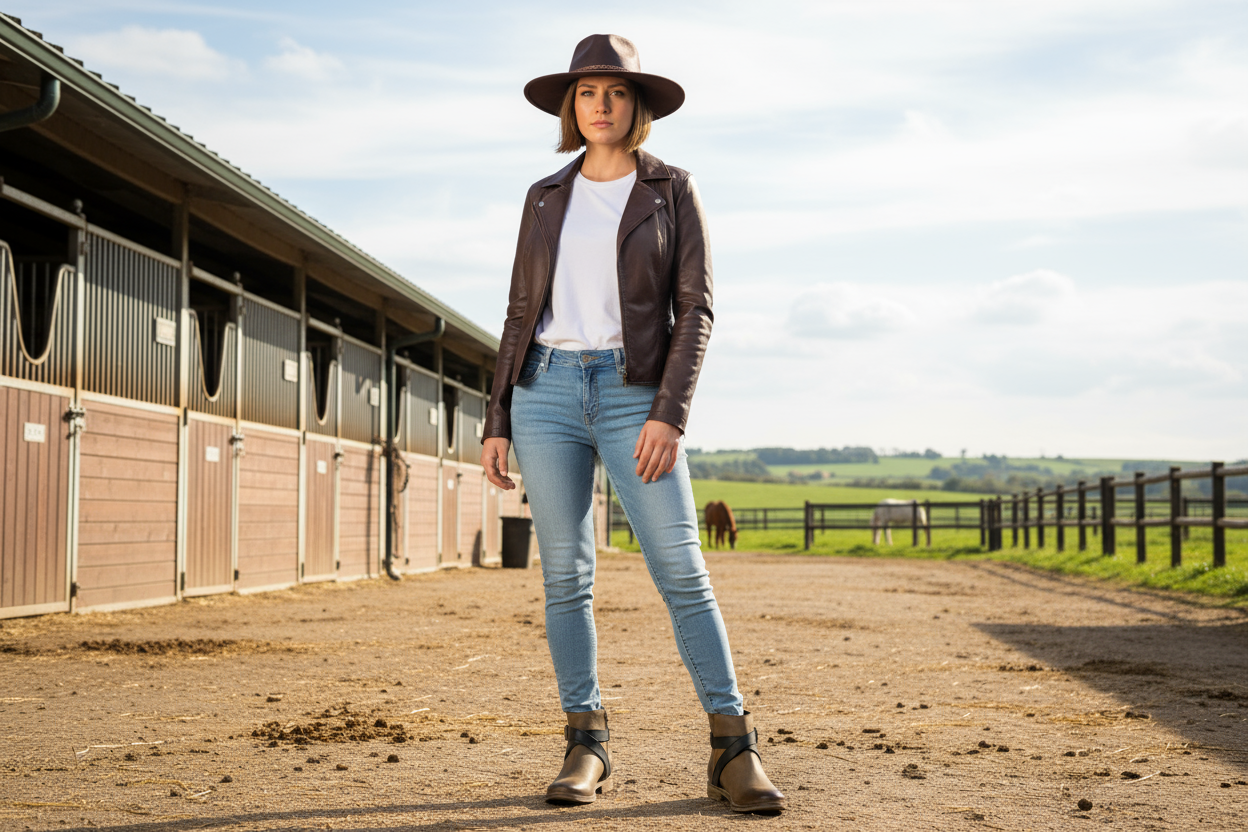 Woman standing in front of stable doors wearing a leather jacket, white shirt, blue jeans, and oobash brown boots.