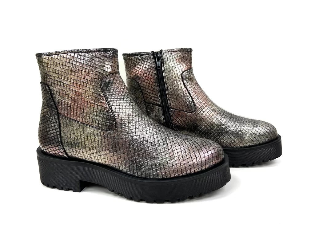 Embossed Zippered Metallic Bootie