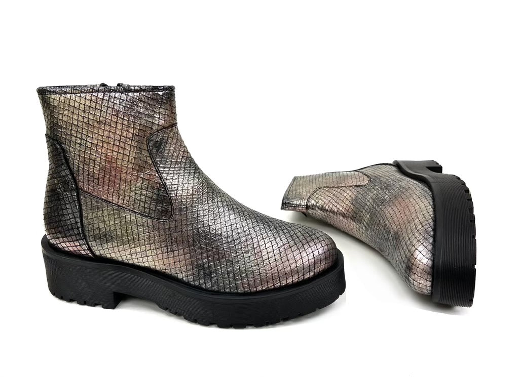 Embossed Zippered Metallic Bootie