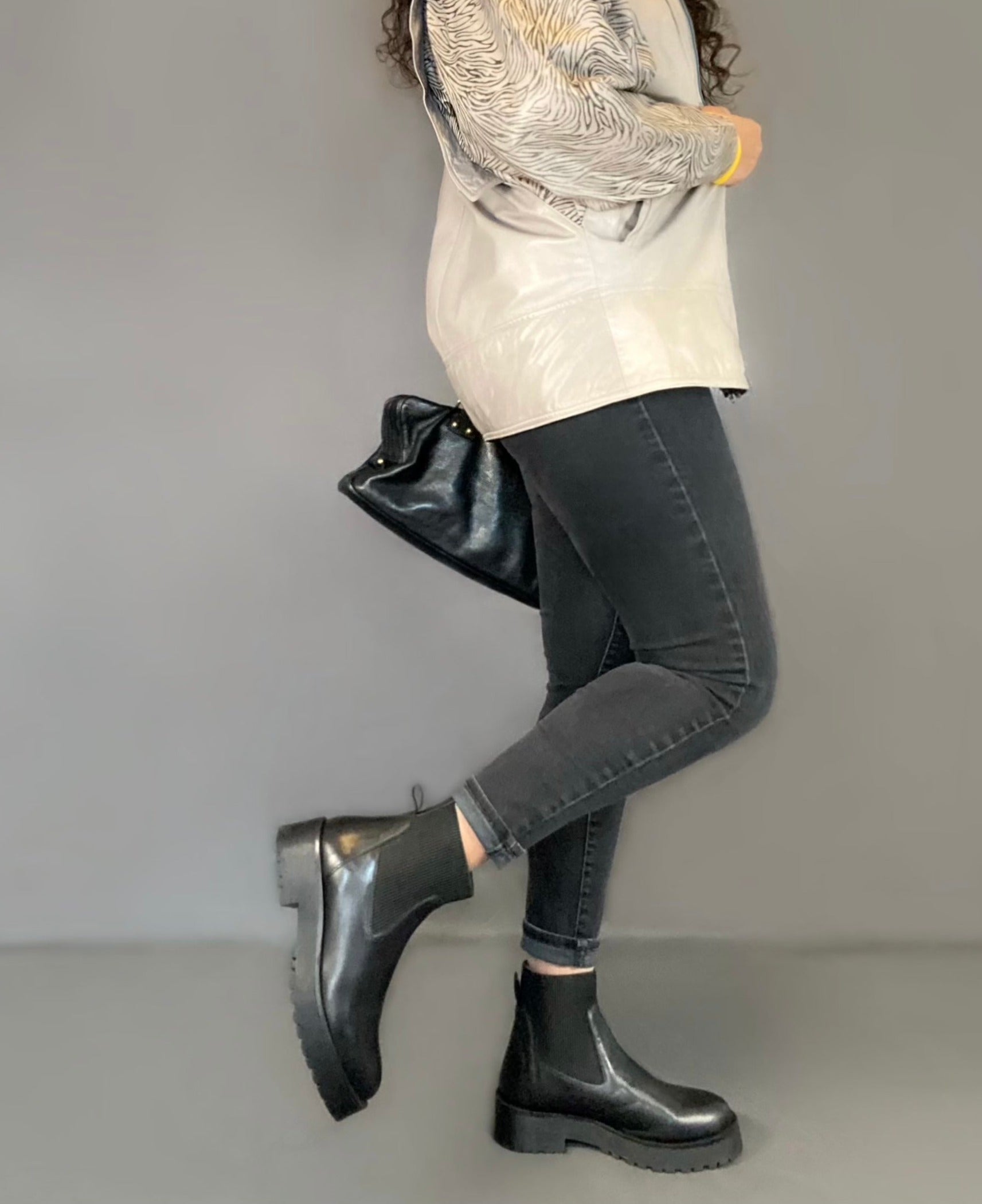 Chunky Heel Black Leather Chelsea