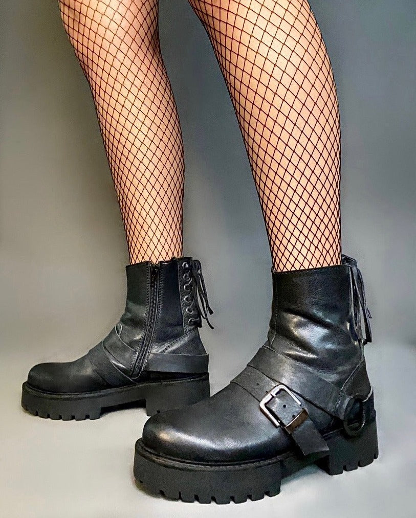 Platform Biker Leather Boot with Zipper