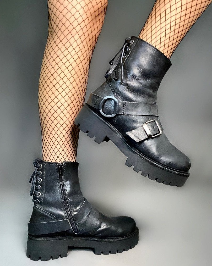 Platform Biker Leather Boot with Zipper