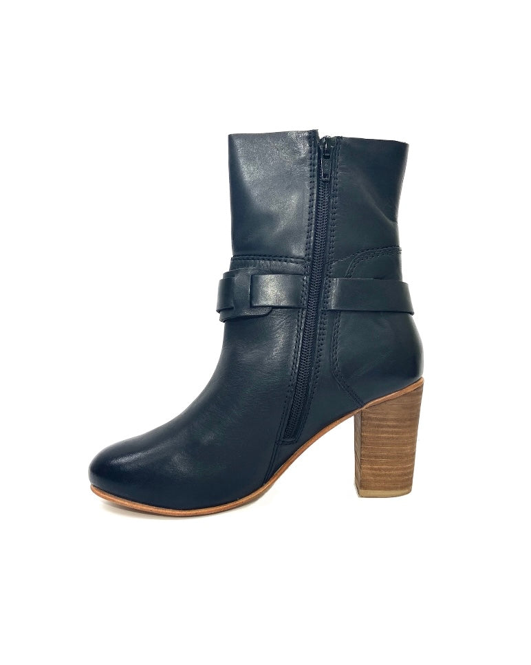 Stacked High Heel Zip Leather Boots