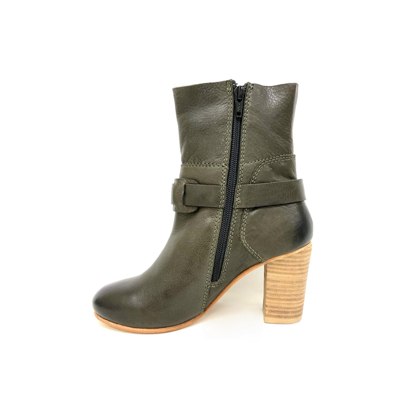 Stacked High Heel Zip Leather Boots