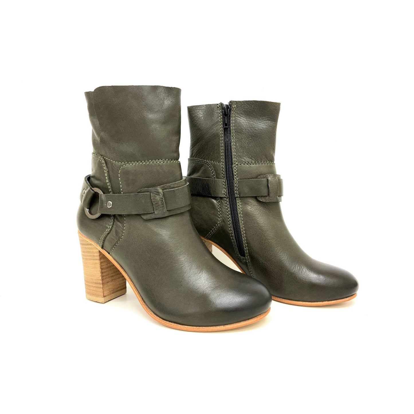 Stacked High Heel Zip Leather Boots