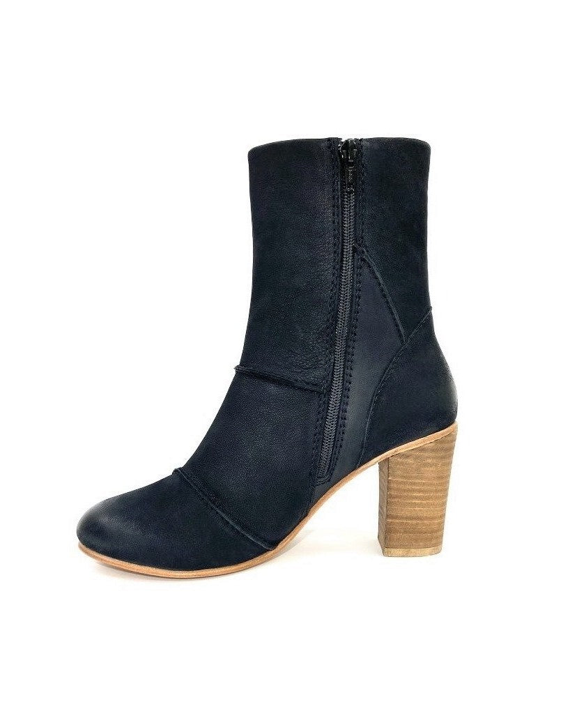 Stacked High Heel Zip Leather Boot