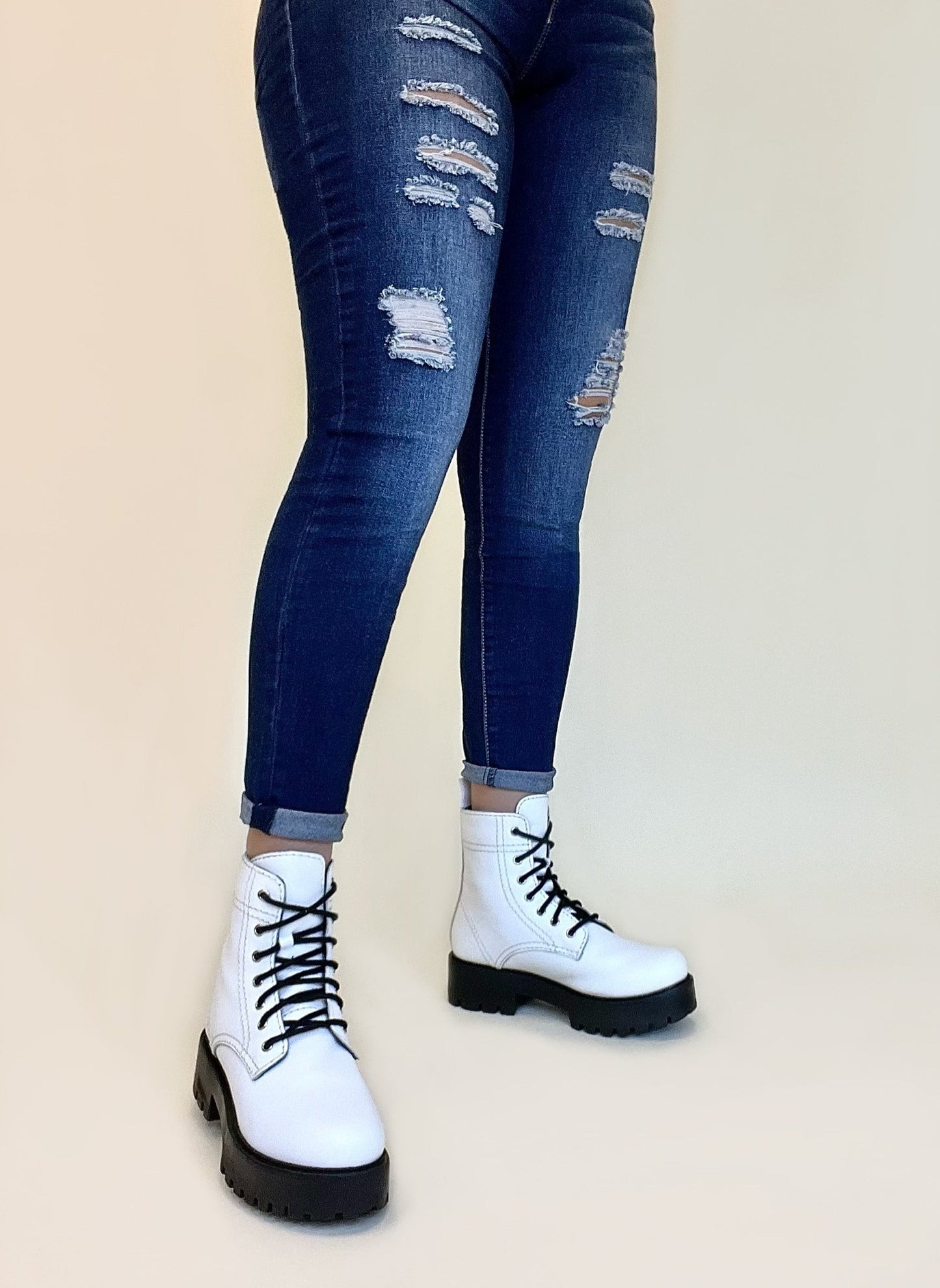 Smooth White Platform Combat Boot