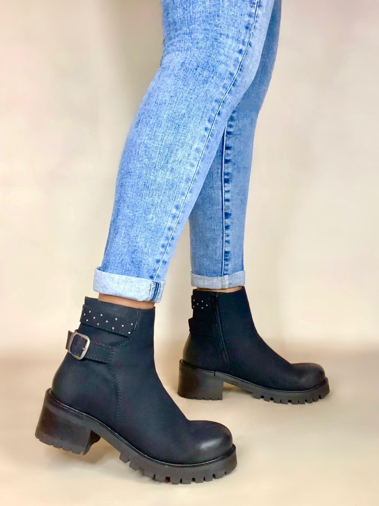 Chunky Stacked Heel Studded Ankle Bootie
