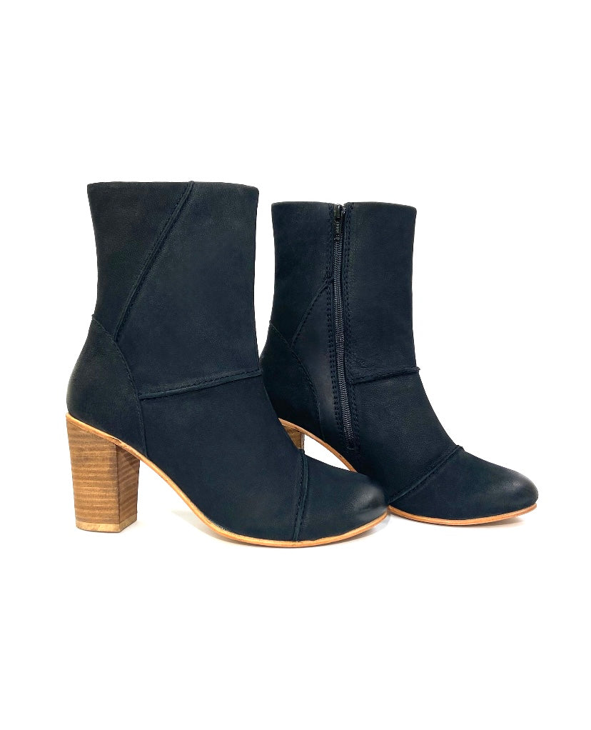 Stacked High Heel Zip Leather Boot