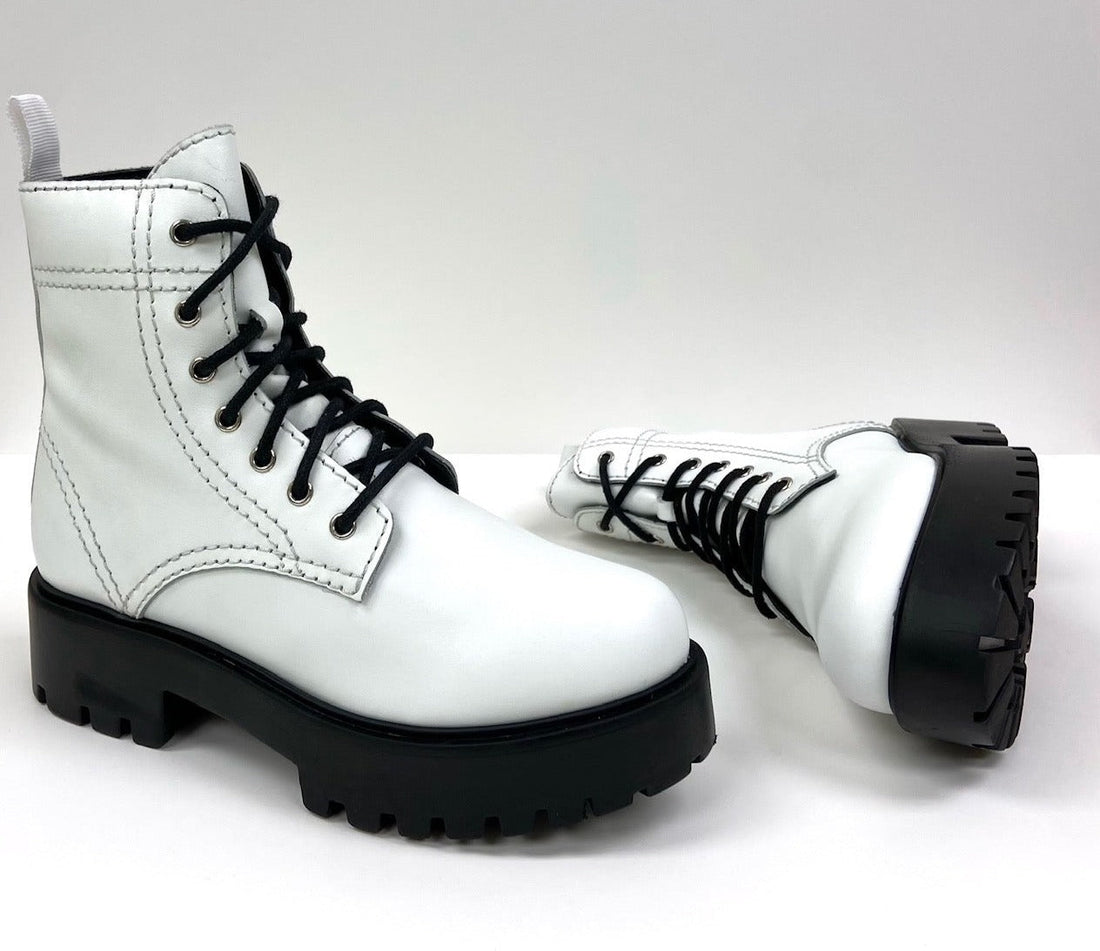 white lace up combat boot with platform