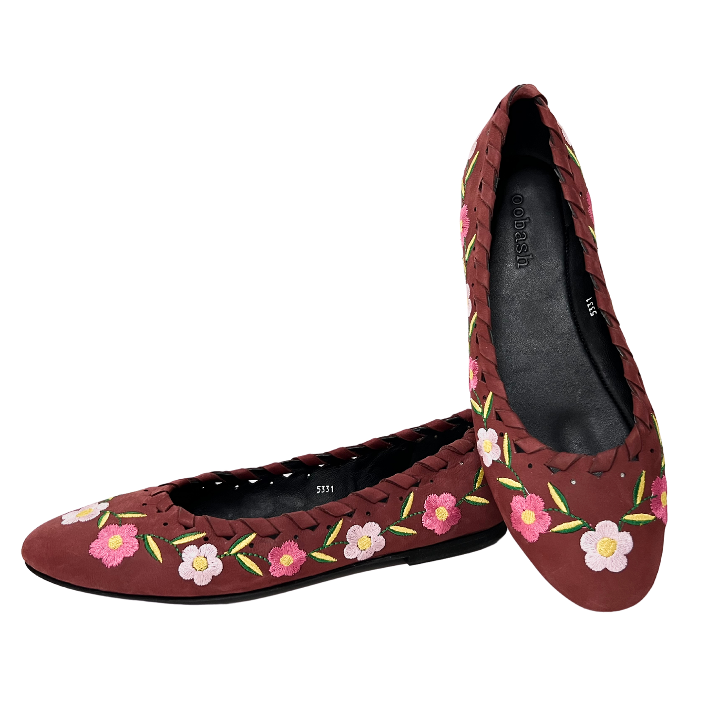 burgundy color flower embroidered leather ballerina for ladies
