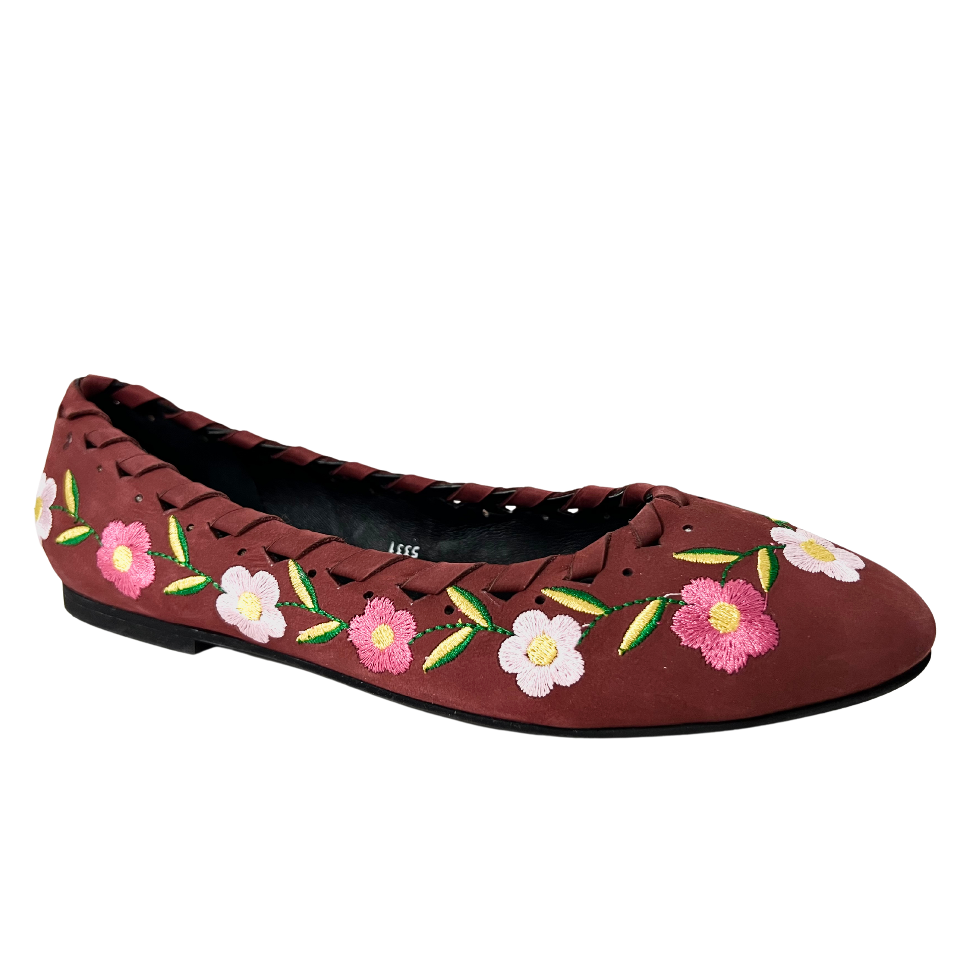 burgundy color flower embroidered leather ballerina for ladies