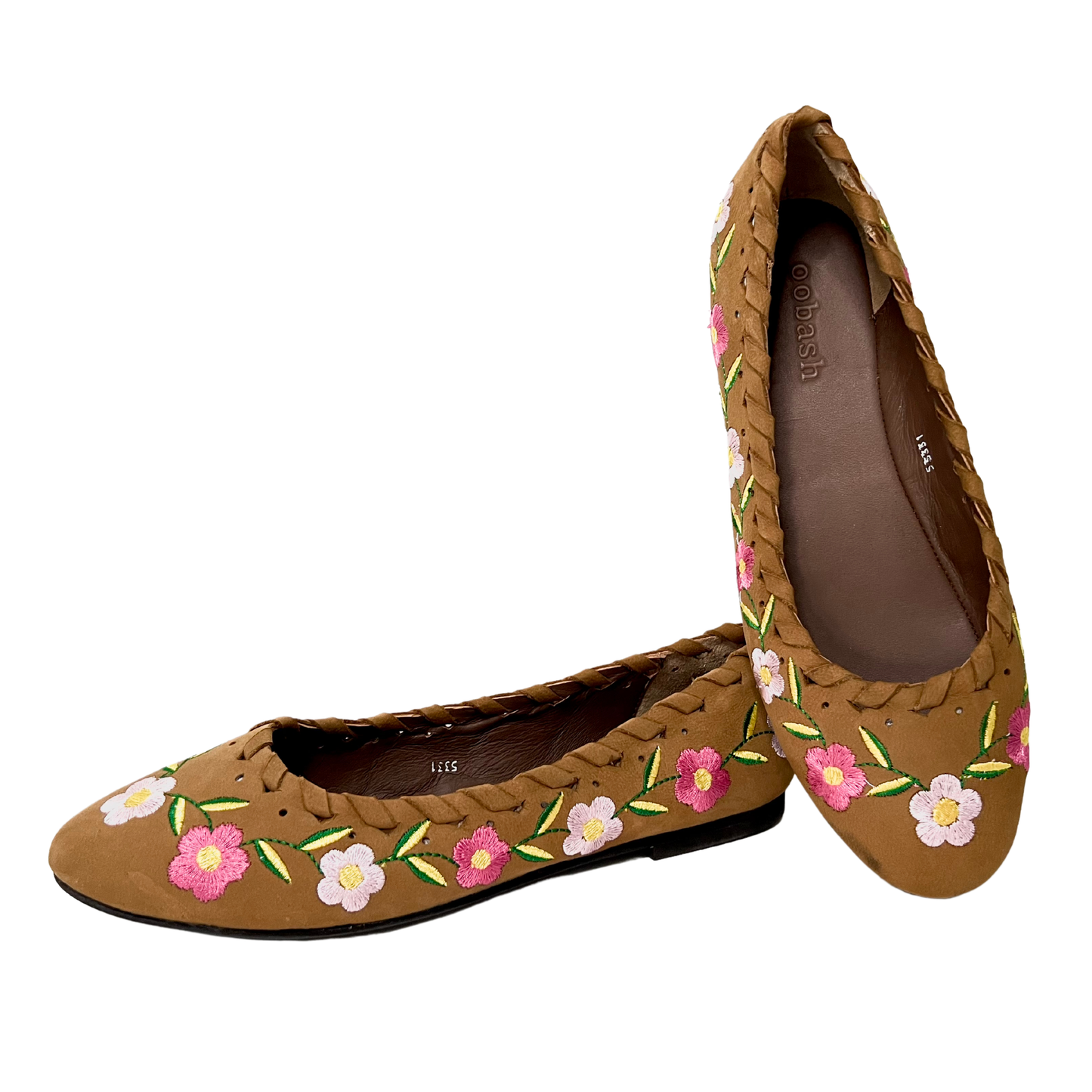 tan color flower embroidered leather ballerina for ladies