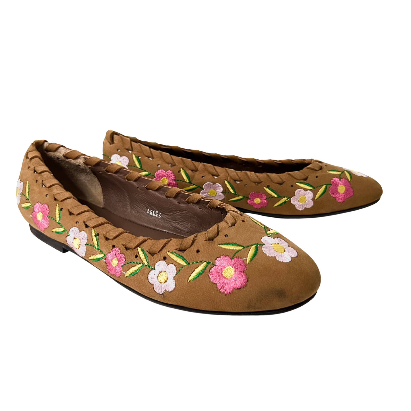 tan color flower embroidered leather ballerina for ladies