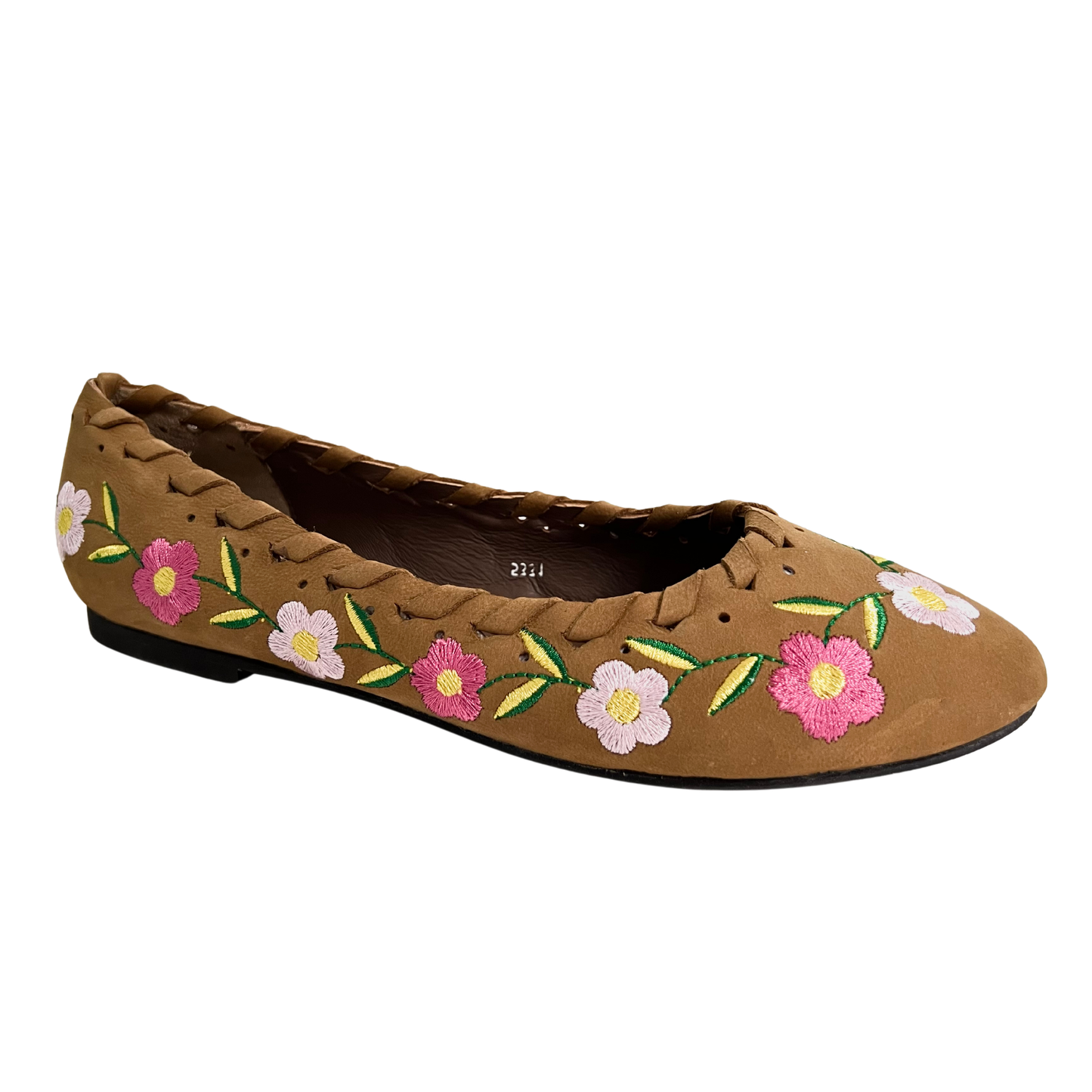 tan color flower embroidered leather ballerina for ladies