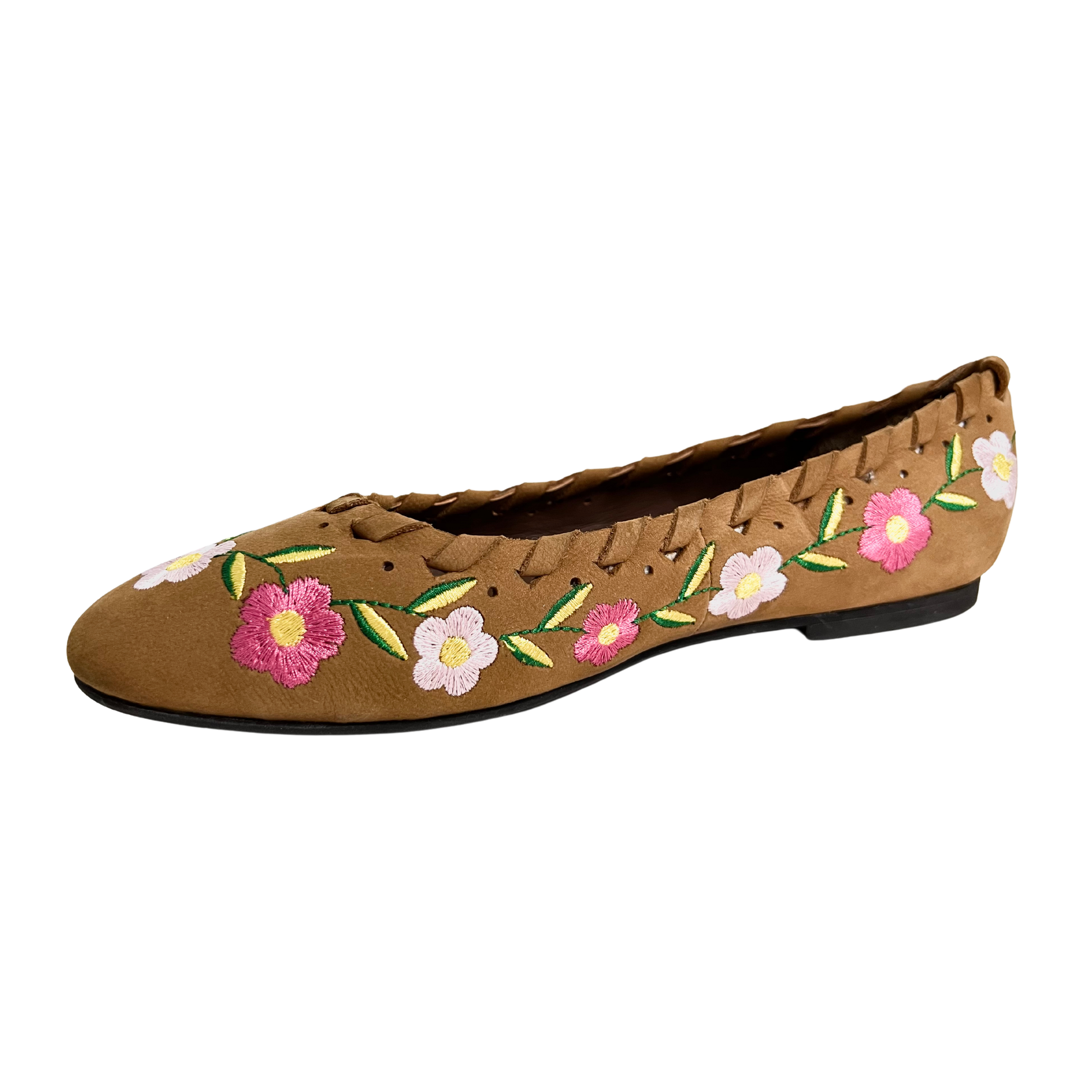 tan color flower embroidered leather ballerina for ladies