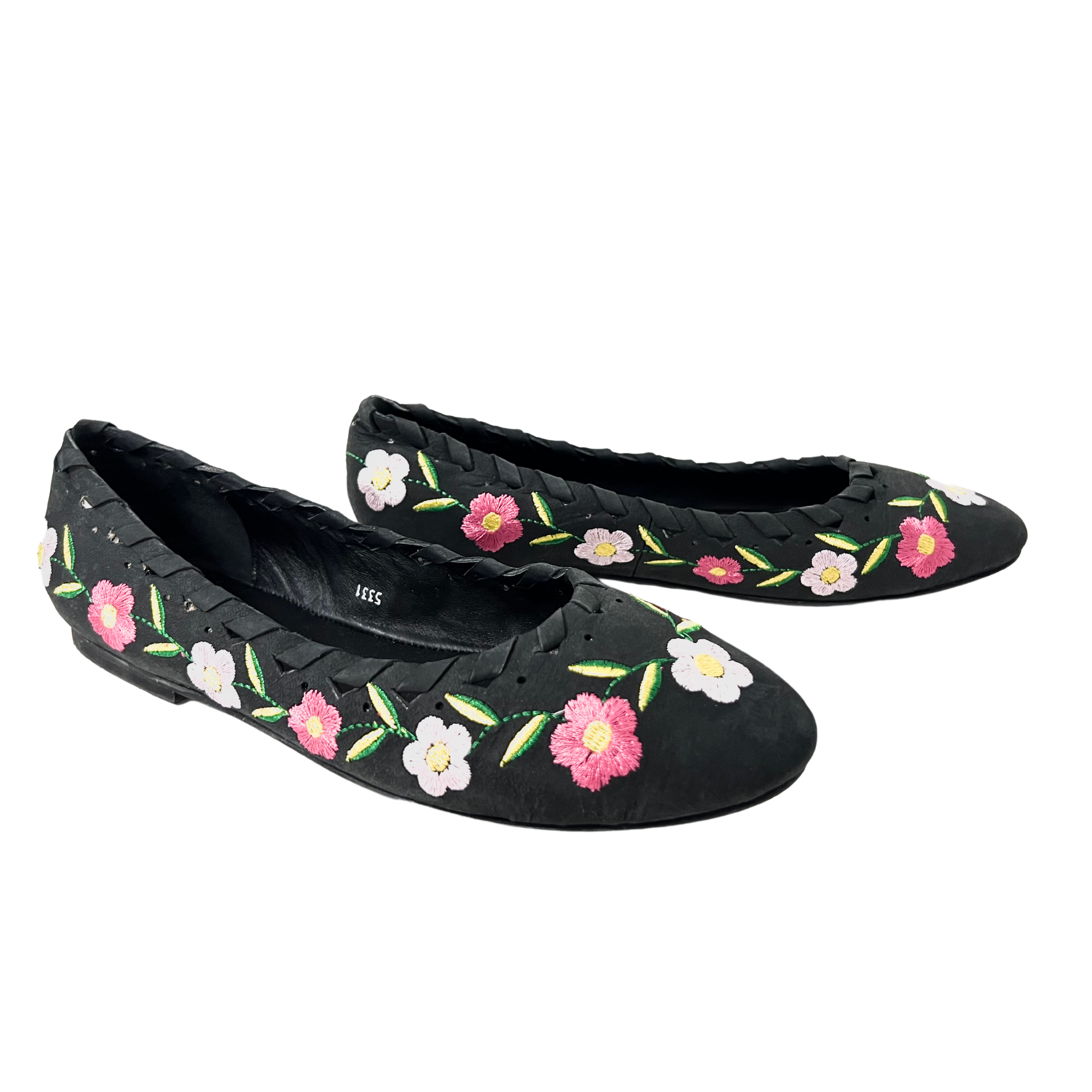 black color flower embroidered leather ballerina for ladies