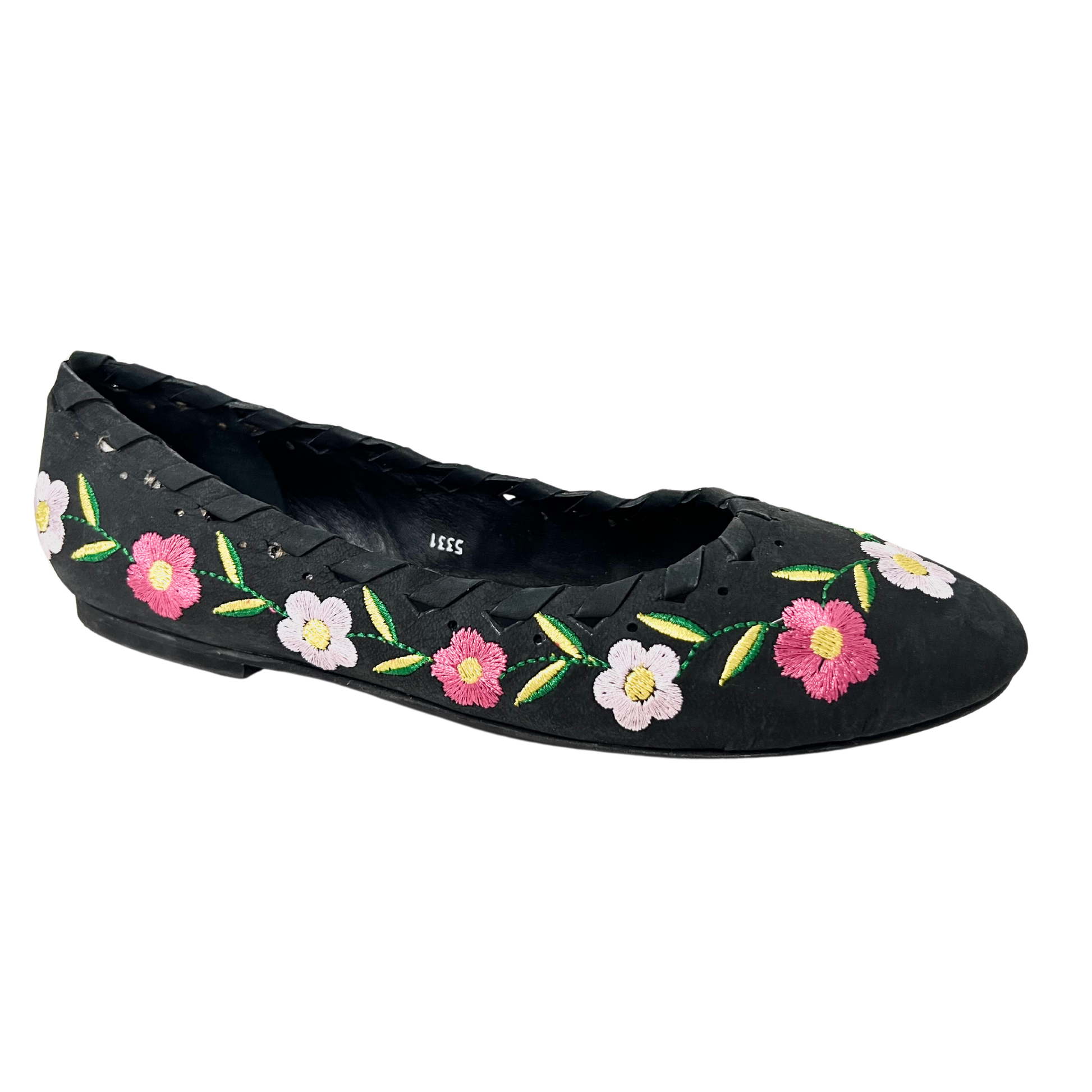 black color flower embroidered leather ballerina for ladies