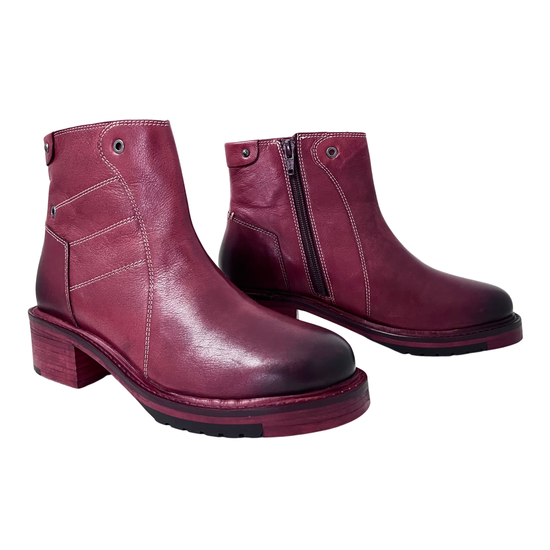 wine color dip dyed vintage leather ladies boot with inside zip