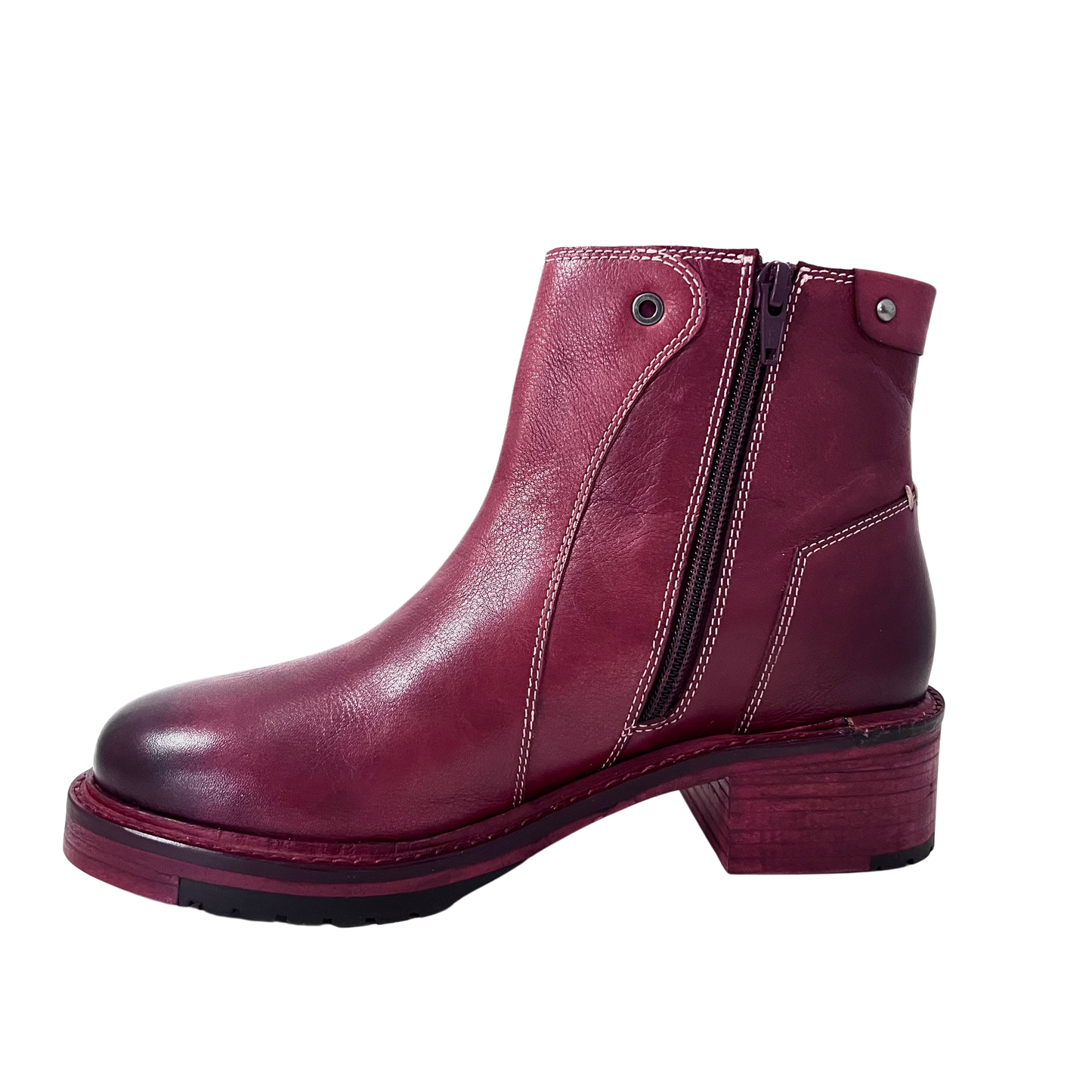 wine color dip dyed vintage leather ladies boot with inside zip