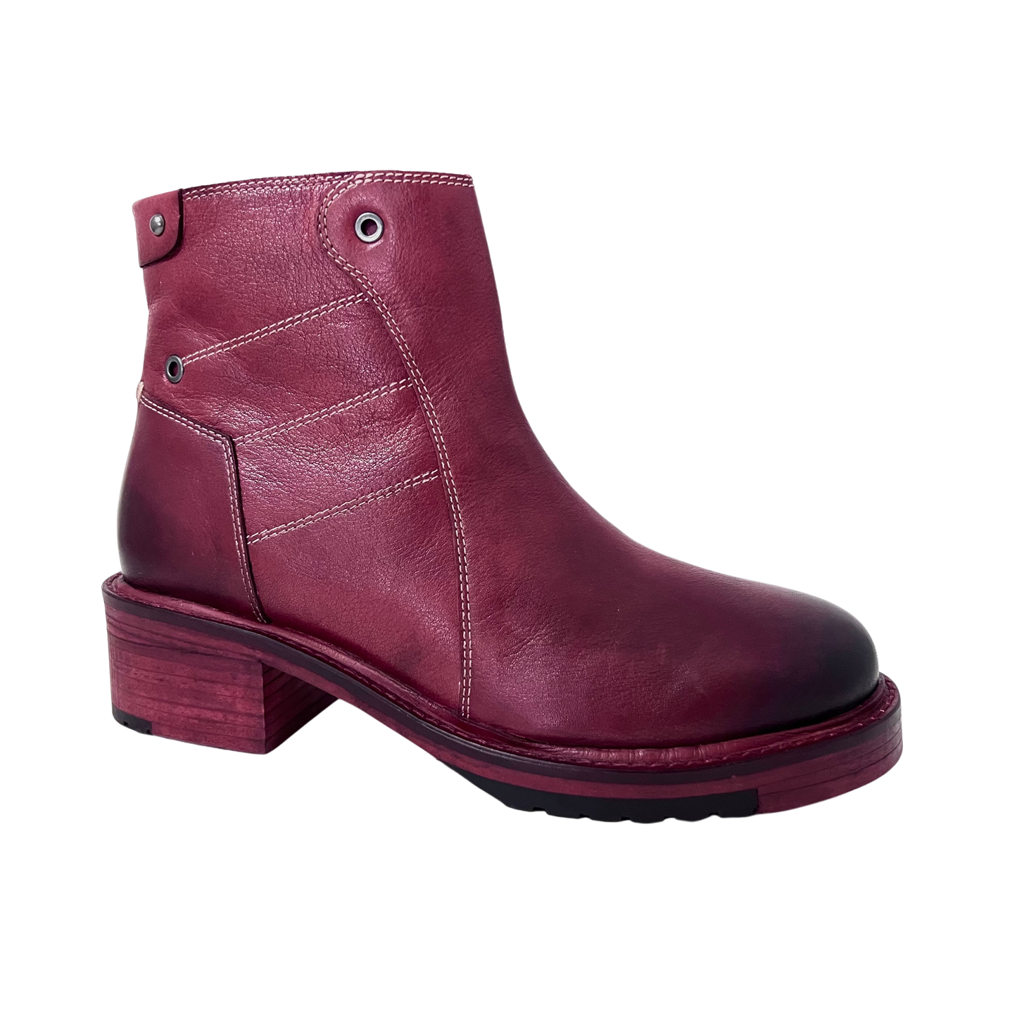 wine color dip dyed vintage leather ladies boot with inside zip
