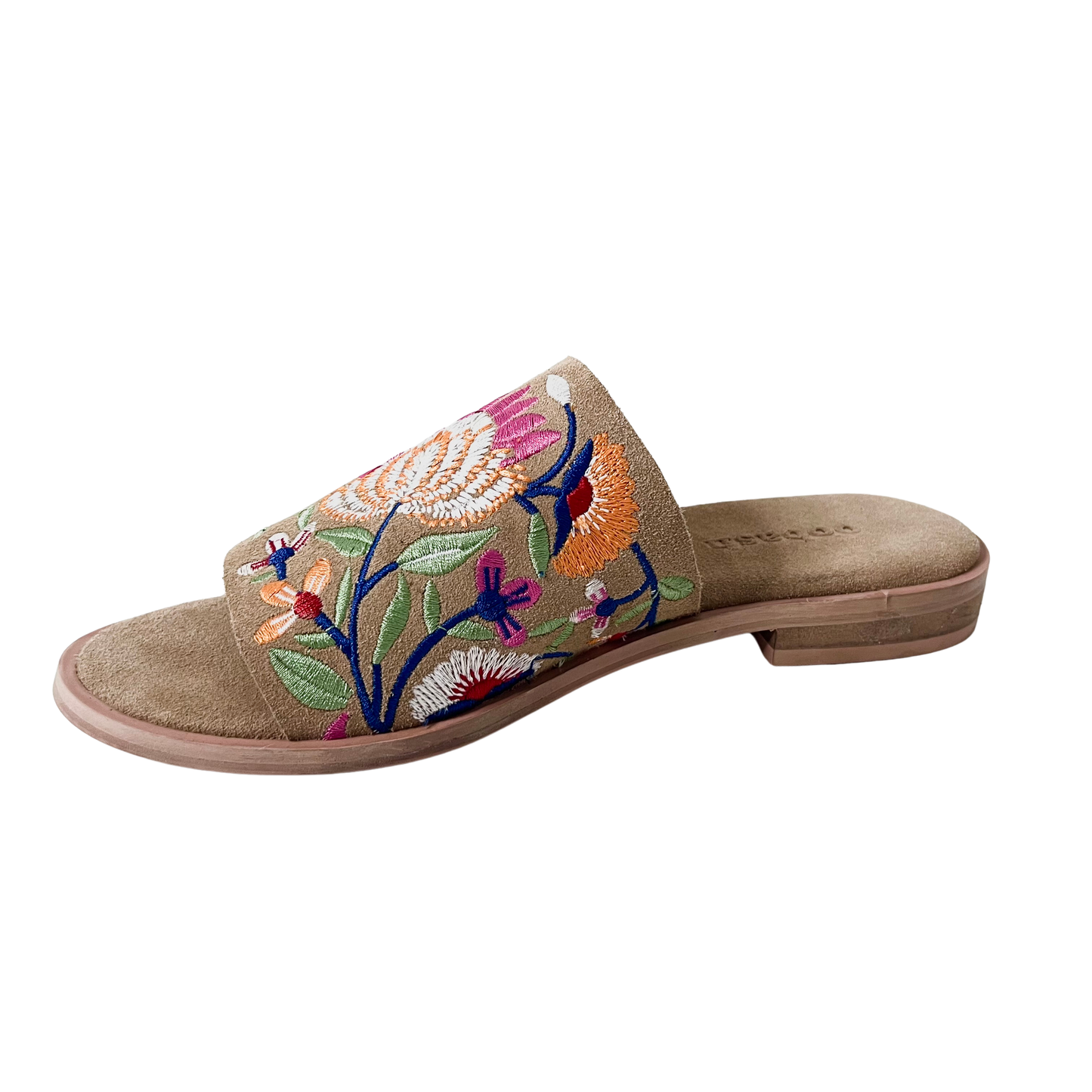 flower embroidered suede leather tan color ladies comfortable sandal