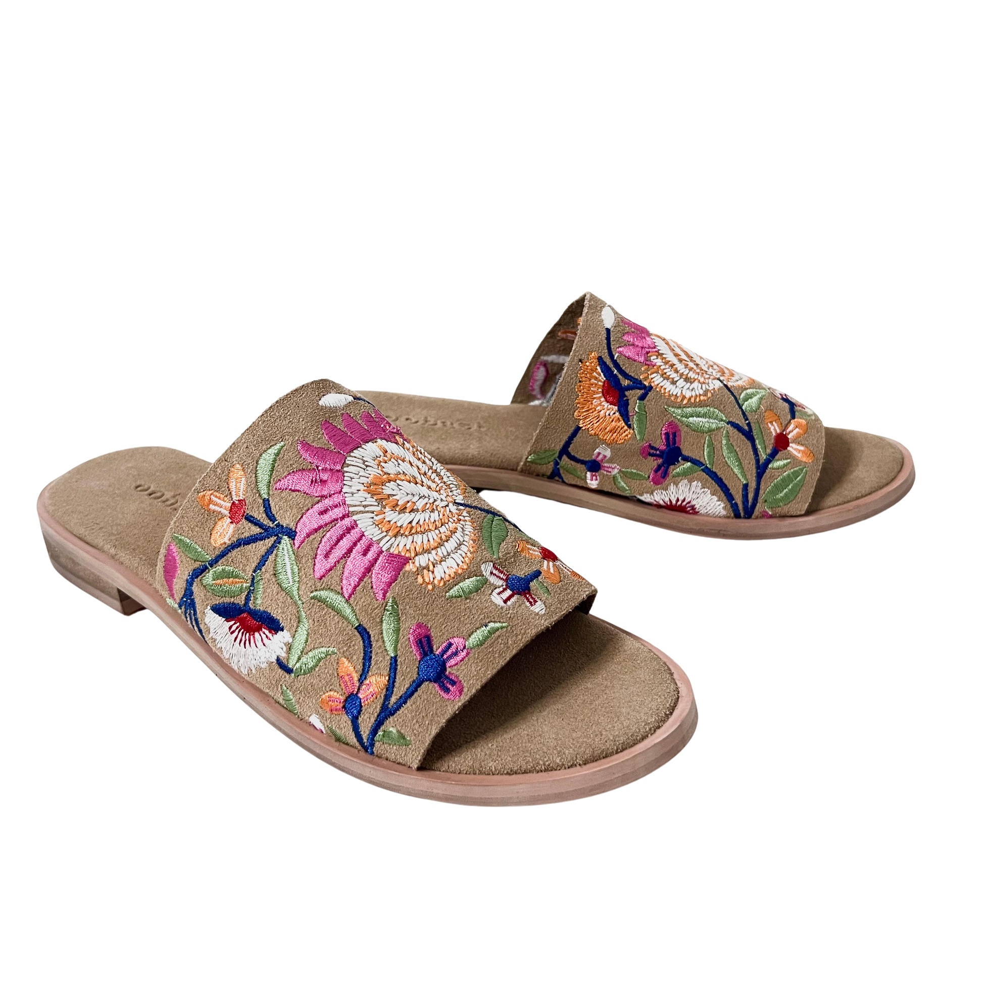 flower embroidered suede leather tan color ladies comfortable sandal