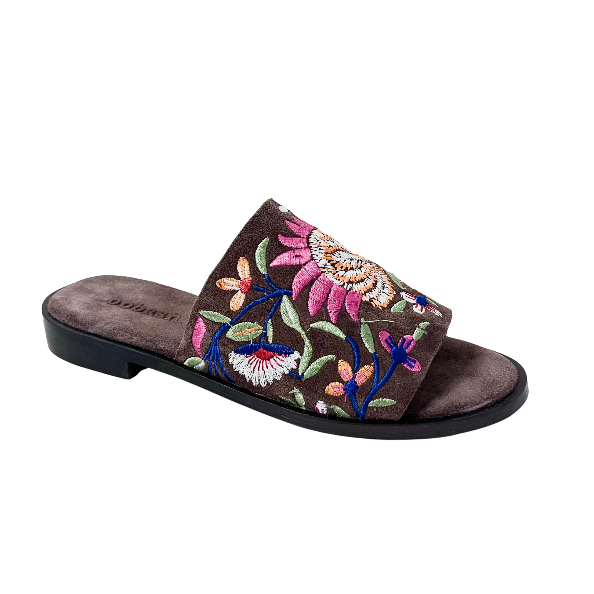 flower embroidered suede leather brown color ladies comfortable sandal