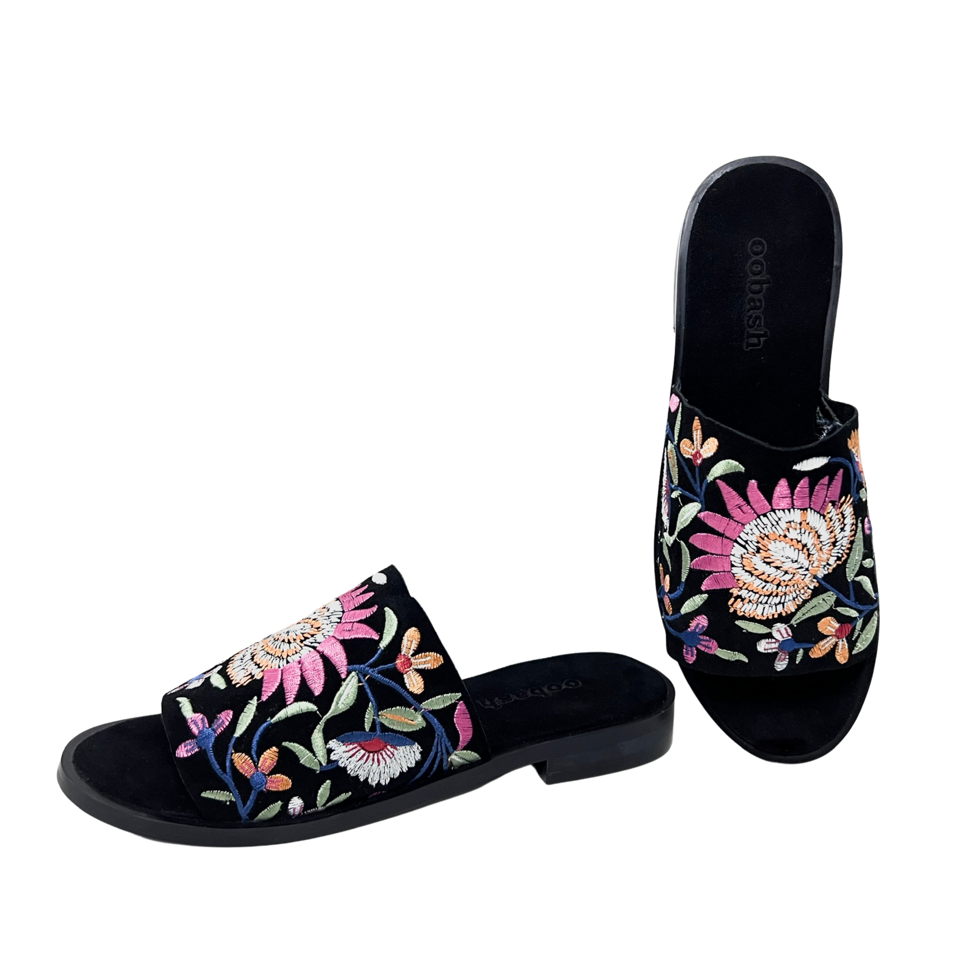 flower embroidered suede leather black color ladies comfortable sandal