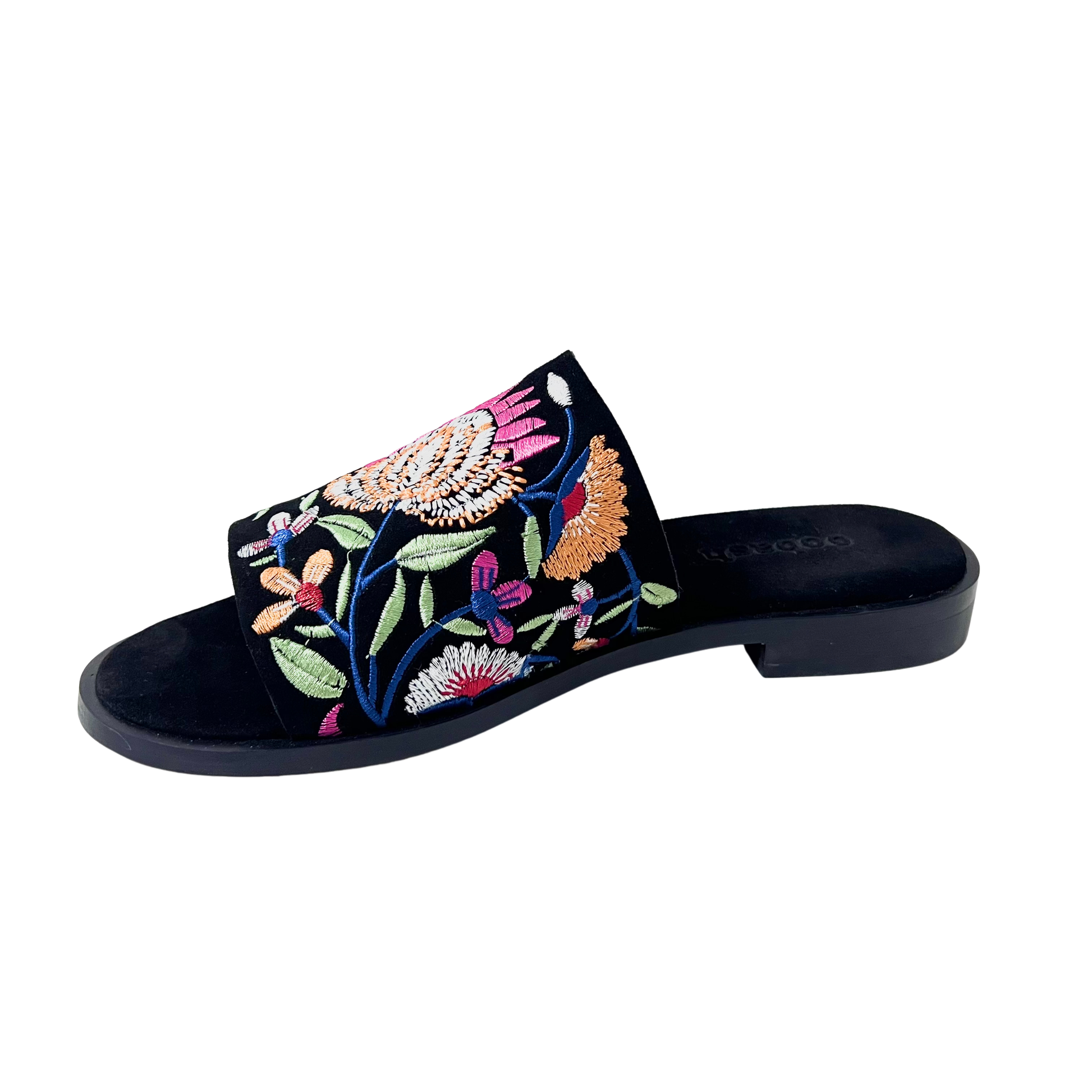 flower embroidered suede leather black color ladies comfortable sandal