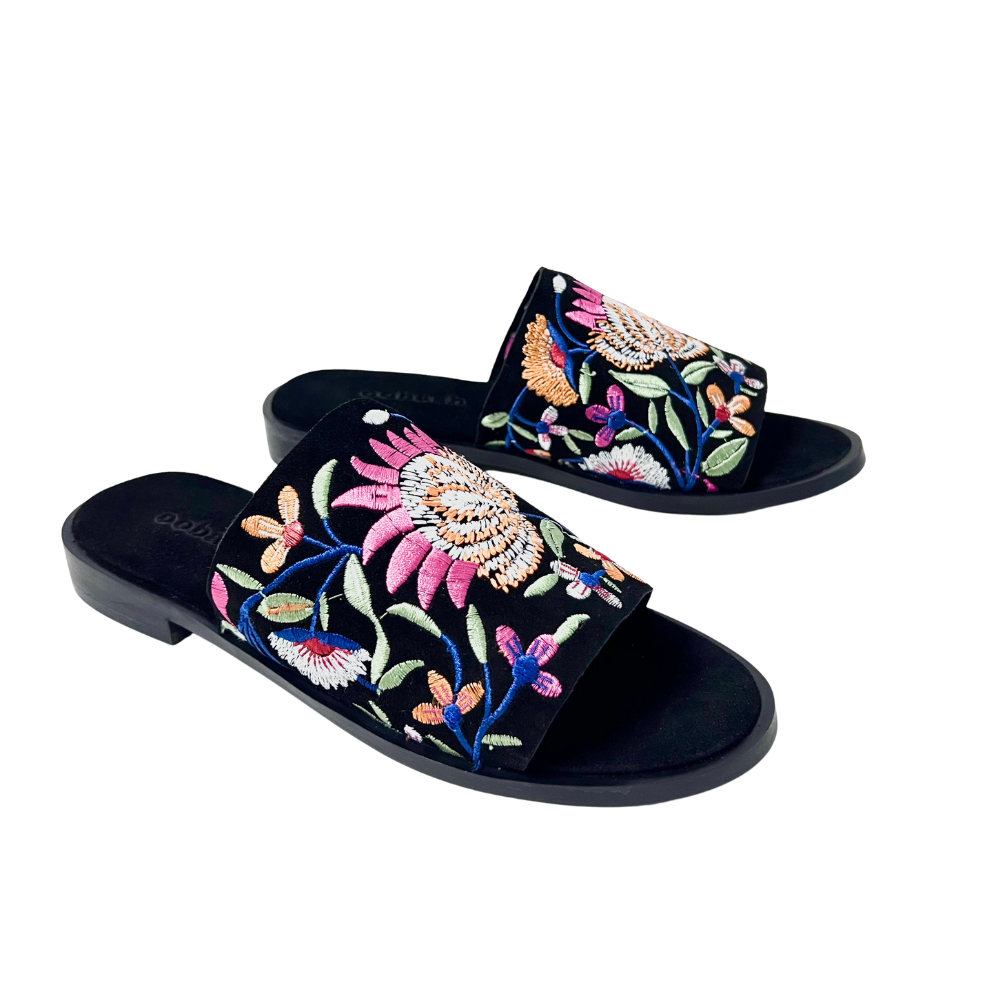 flower embroidered suede leather black color ladies comfortable sandal