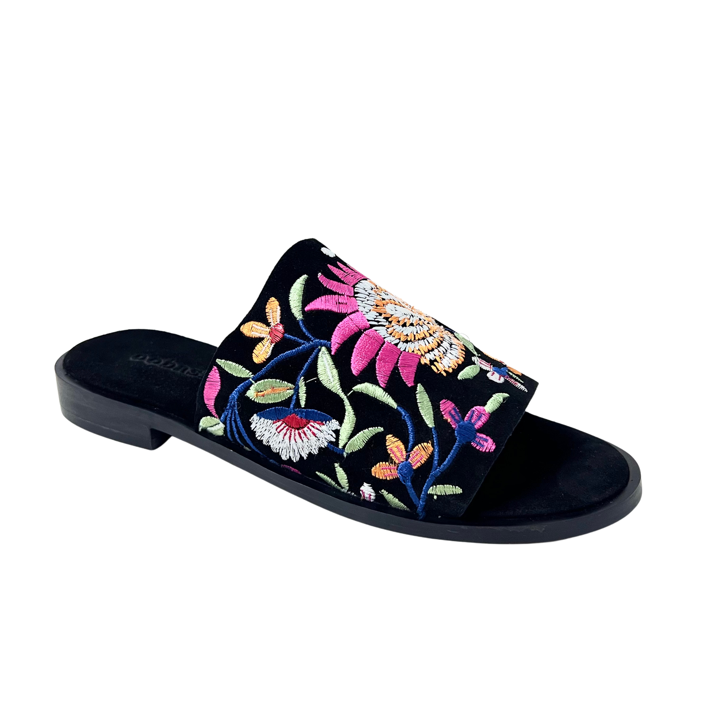 flower embroidered suede leather black color ladies comfortable sandal