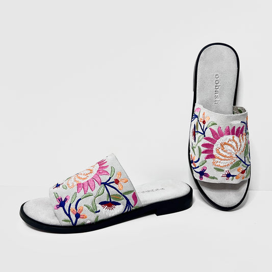 oobash Rose ice off white embroidered suede leather Mule sandal