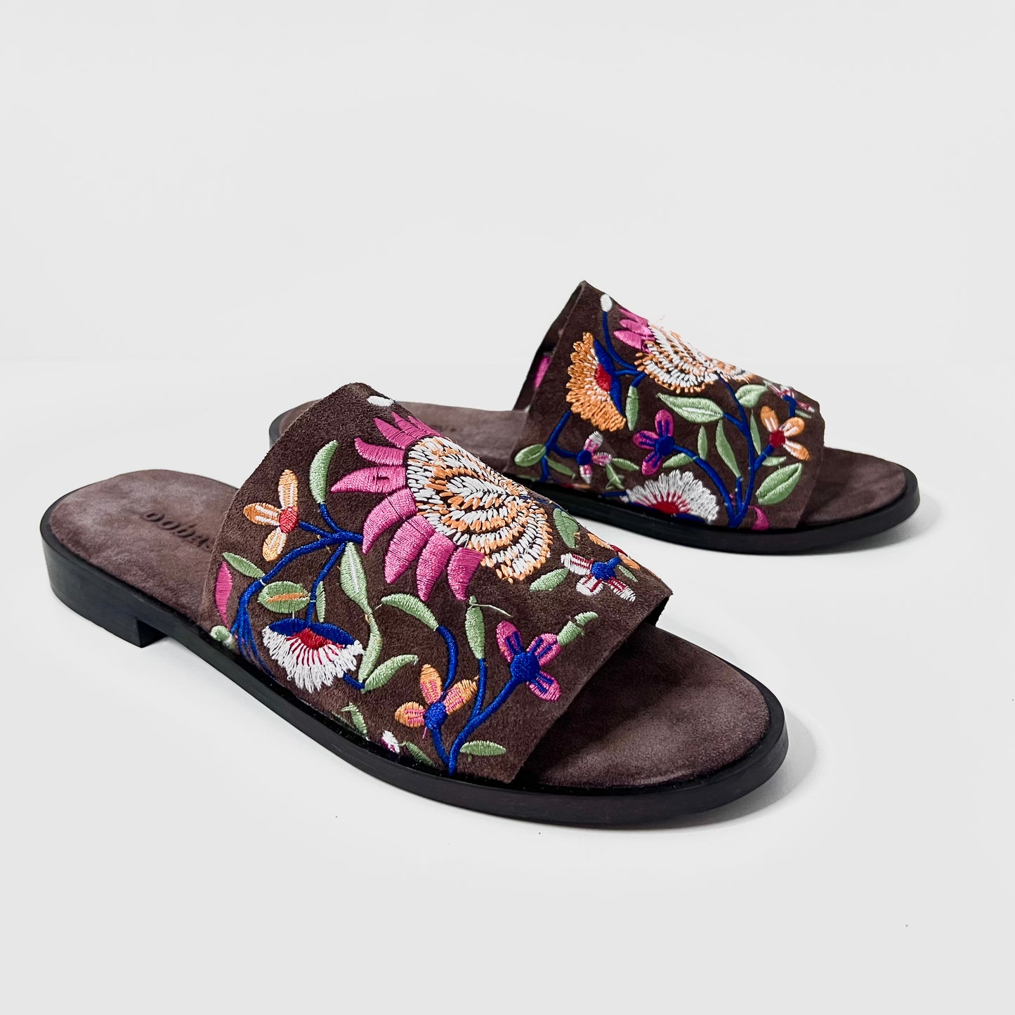 oobash Rose Brown colour embroidered suede leather Mule sandal