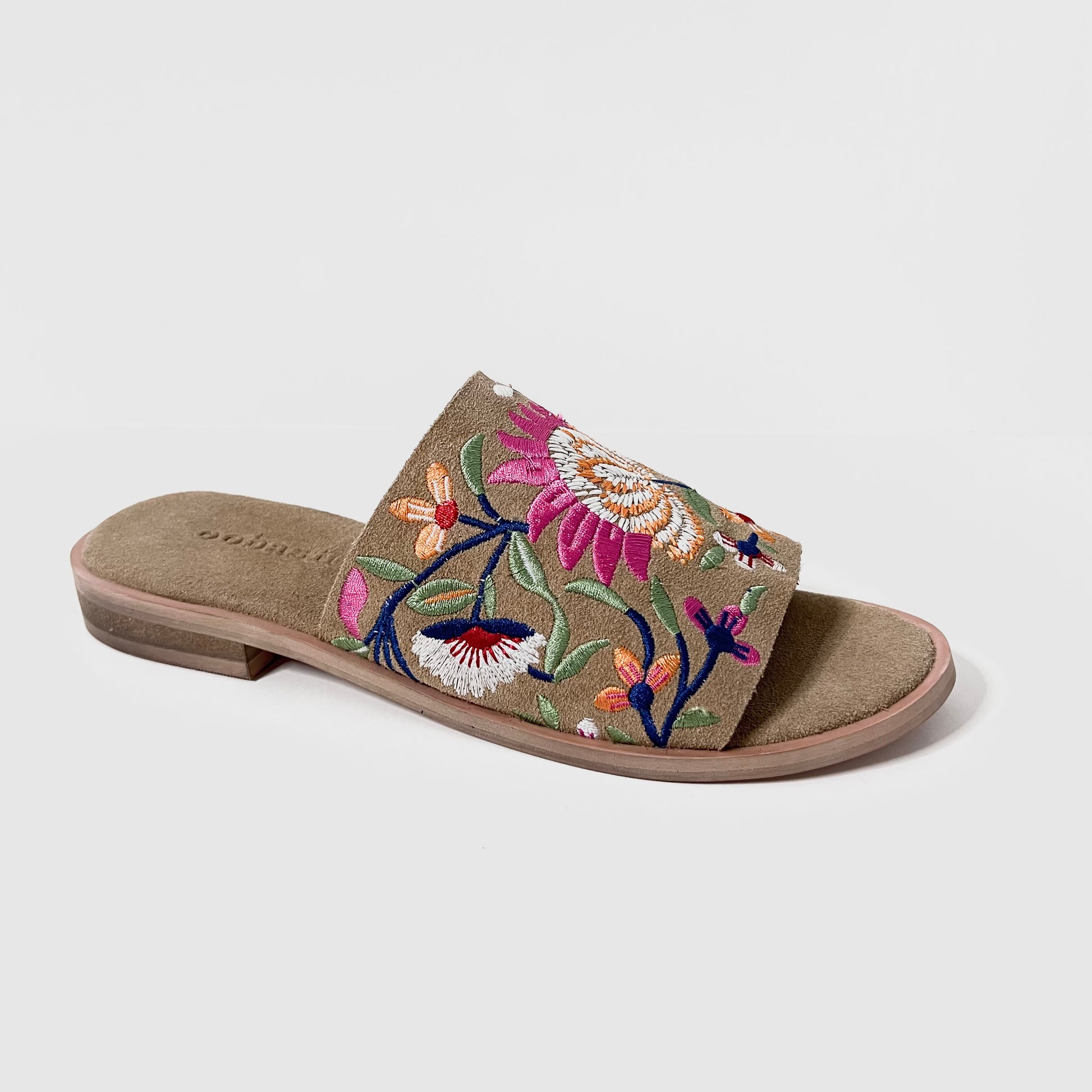 oobash Rose camel colour embroidered suede leather Mule sandal