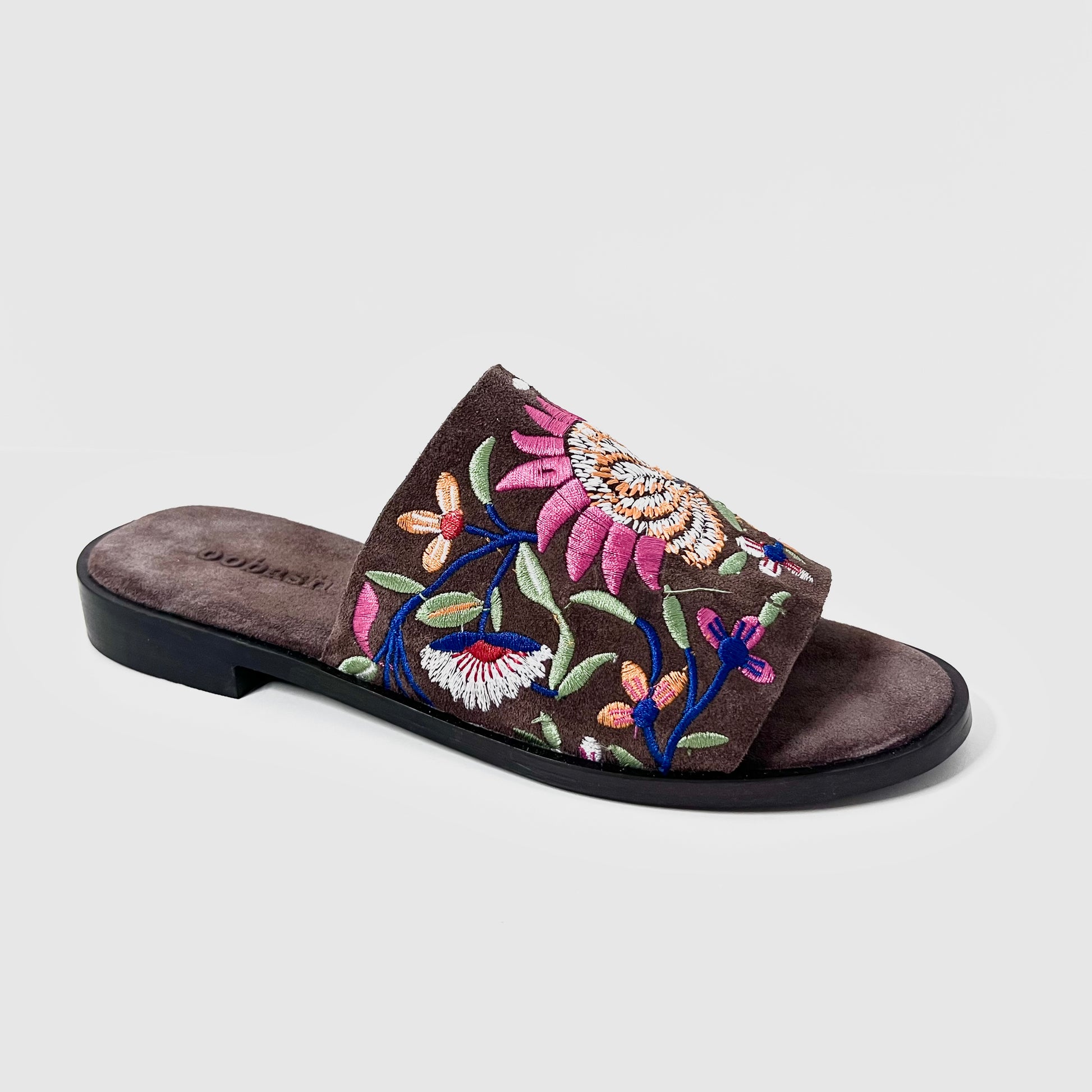 oobash Rose Brown colour embroidered suede leather Mule sandal