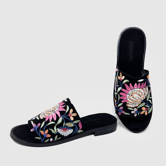 oobash Rose black embroidered suede leather Mule sandal