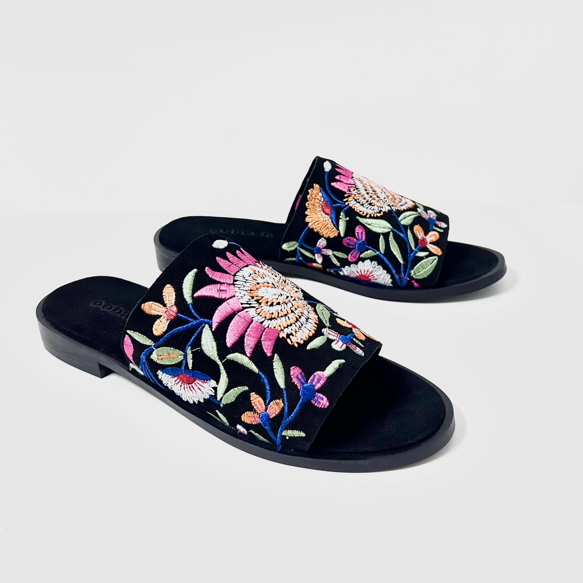 oobash Rose black embroidered suede leather Mule sandal